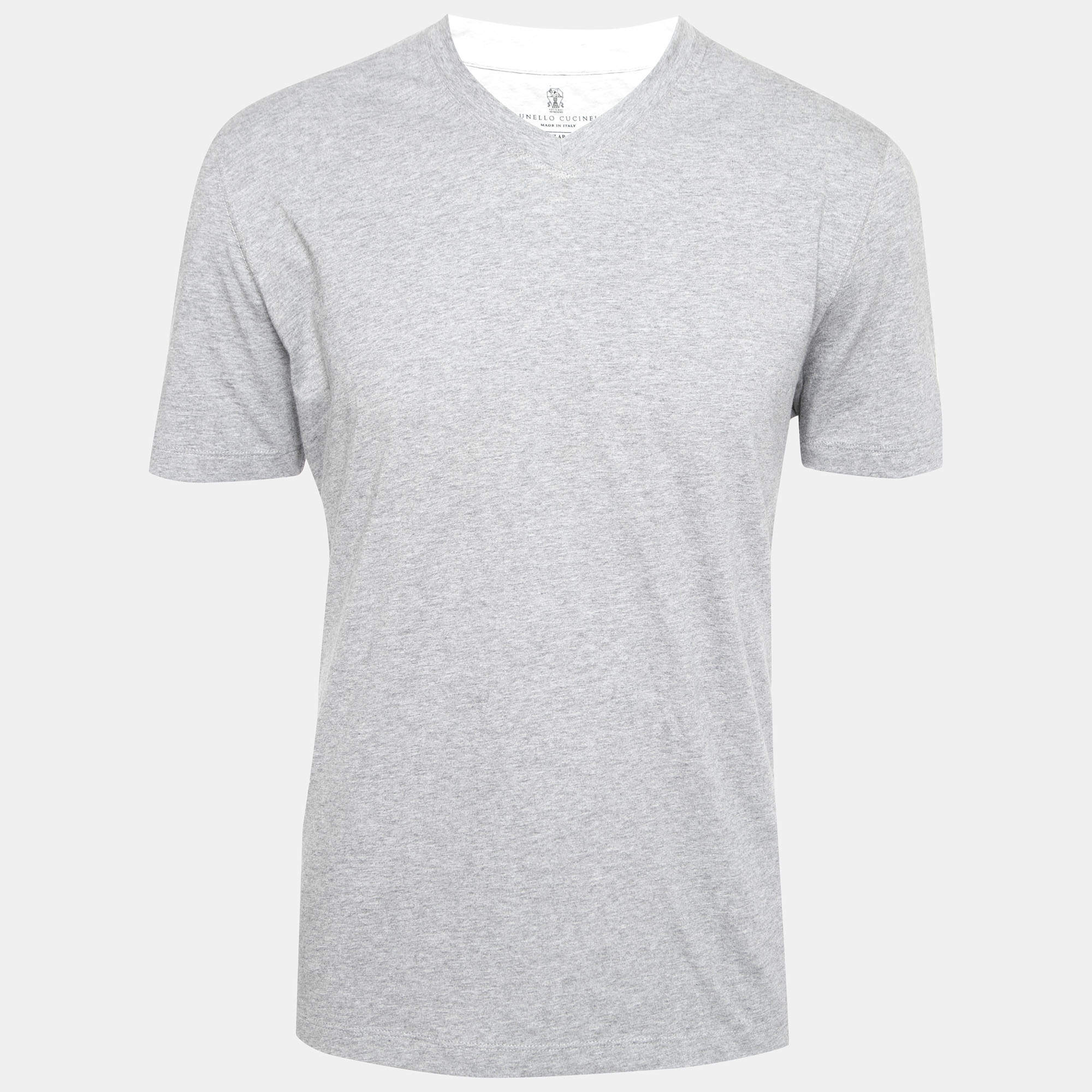 Pre Owned Brunello Cucinelli Grey Cotton V-Neck Short Sleeve Regular Fit T-Shirt XXL