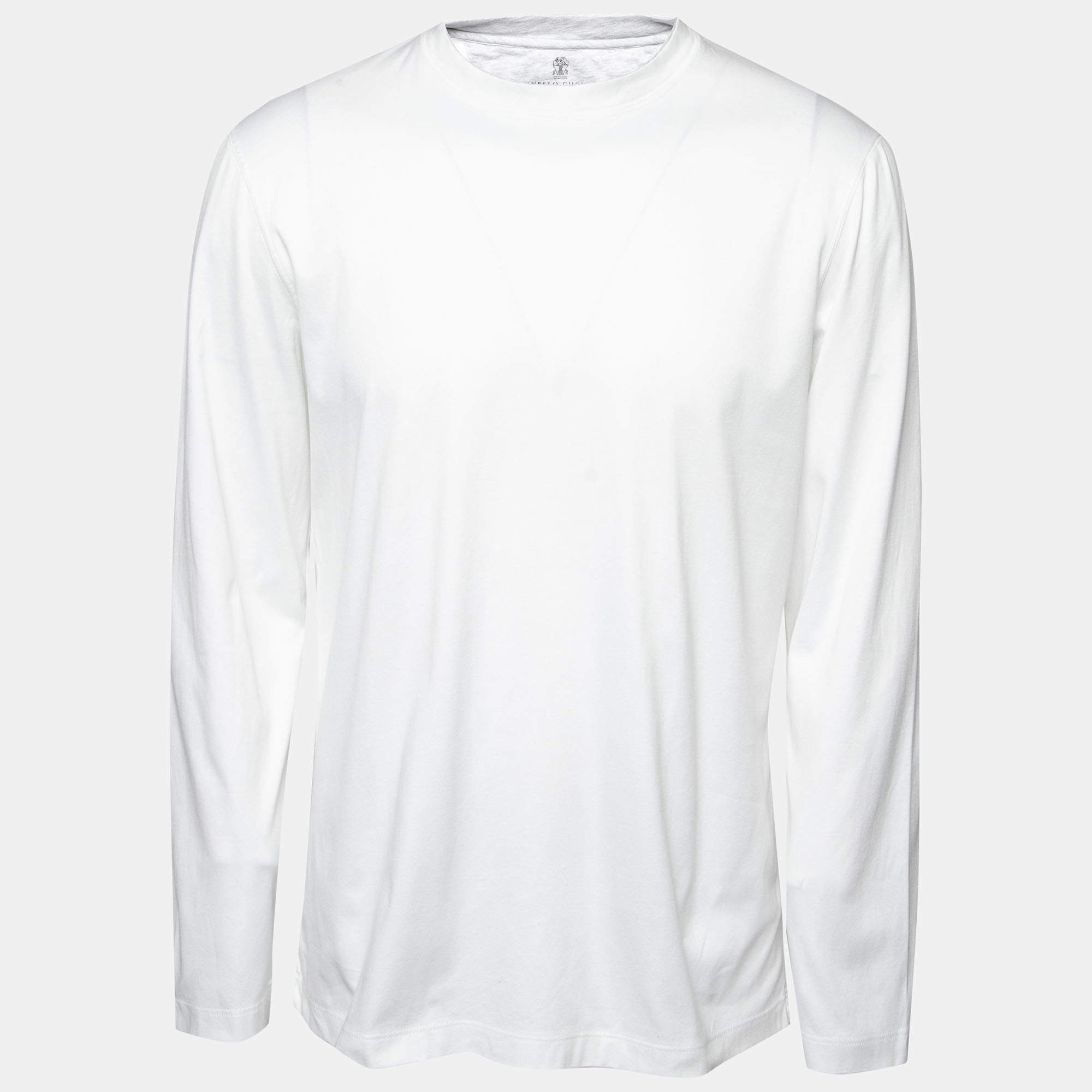 Pre Owned Brunello Cucinelli White Cotton Long Sleeve Slim Fit T-Shirt XL