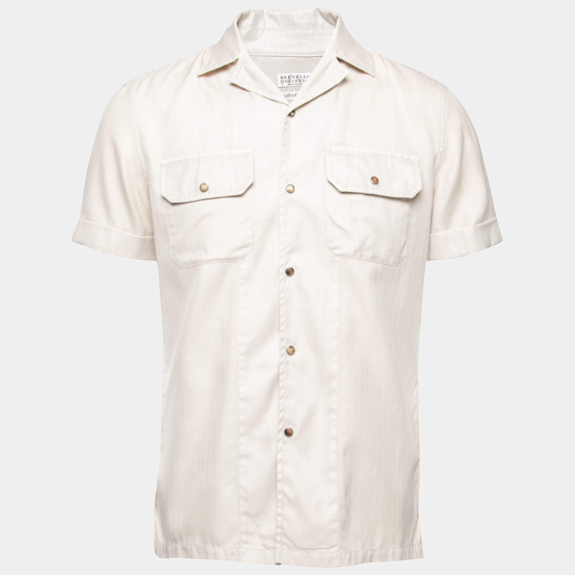 Pre Owned Brunello Cucinelli Beige Cotton Leisure Fit Short Sleeve Shirt M