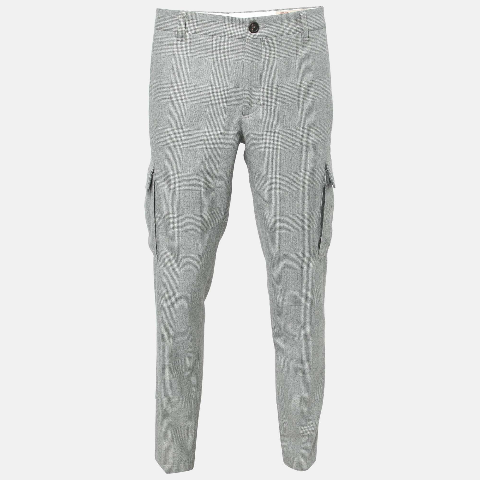 Pre Owned Brunello Cucinelli Grey Checked Wool Patch Pocket Detail Pants XL