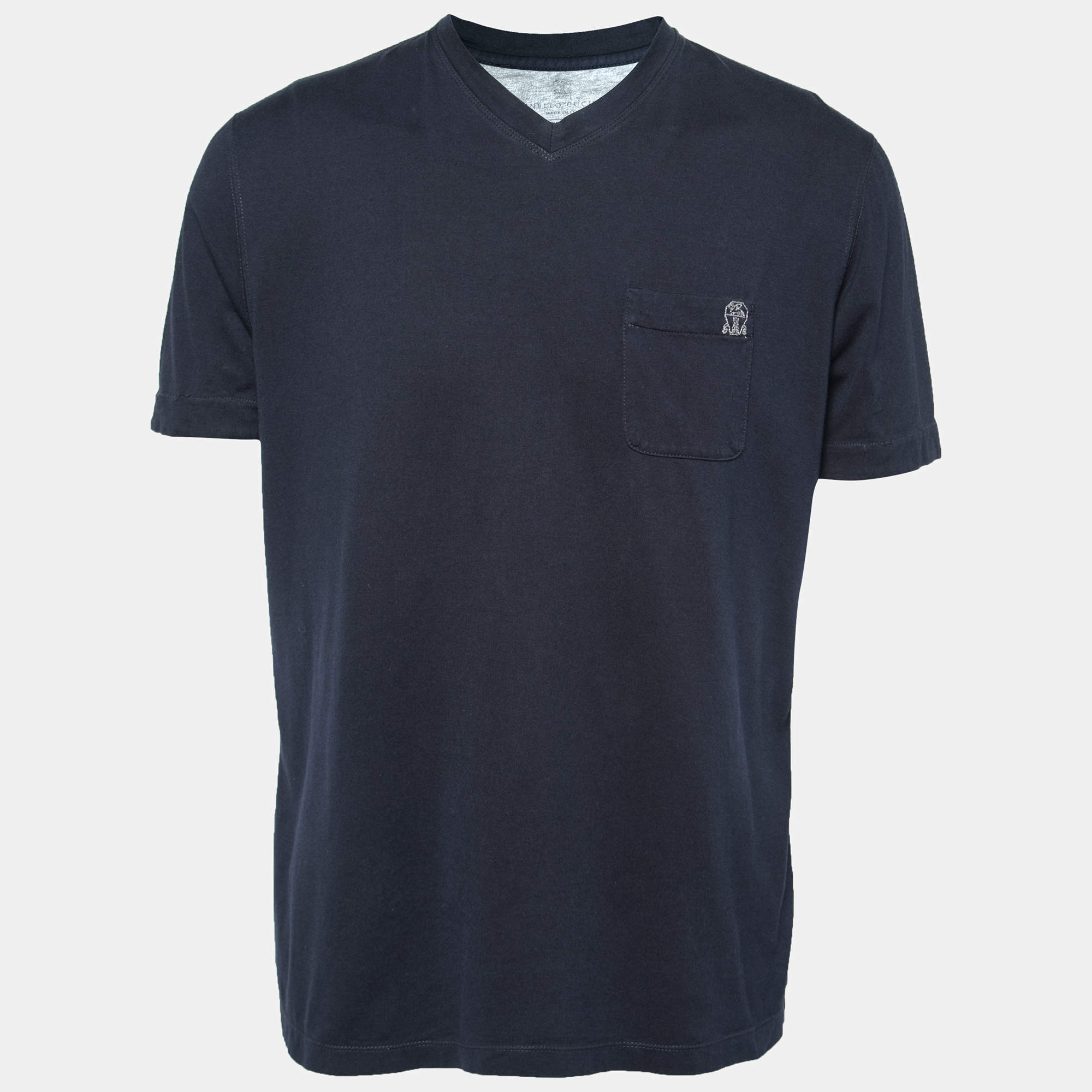 Pre Owned Brunello Cucinelli Navy Blue Cotton V-Neck Short Sleeve T-Shirt XL