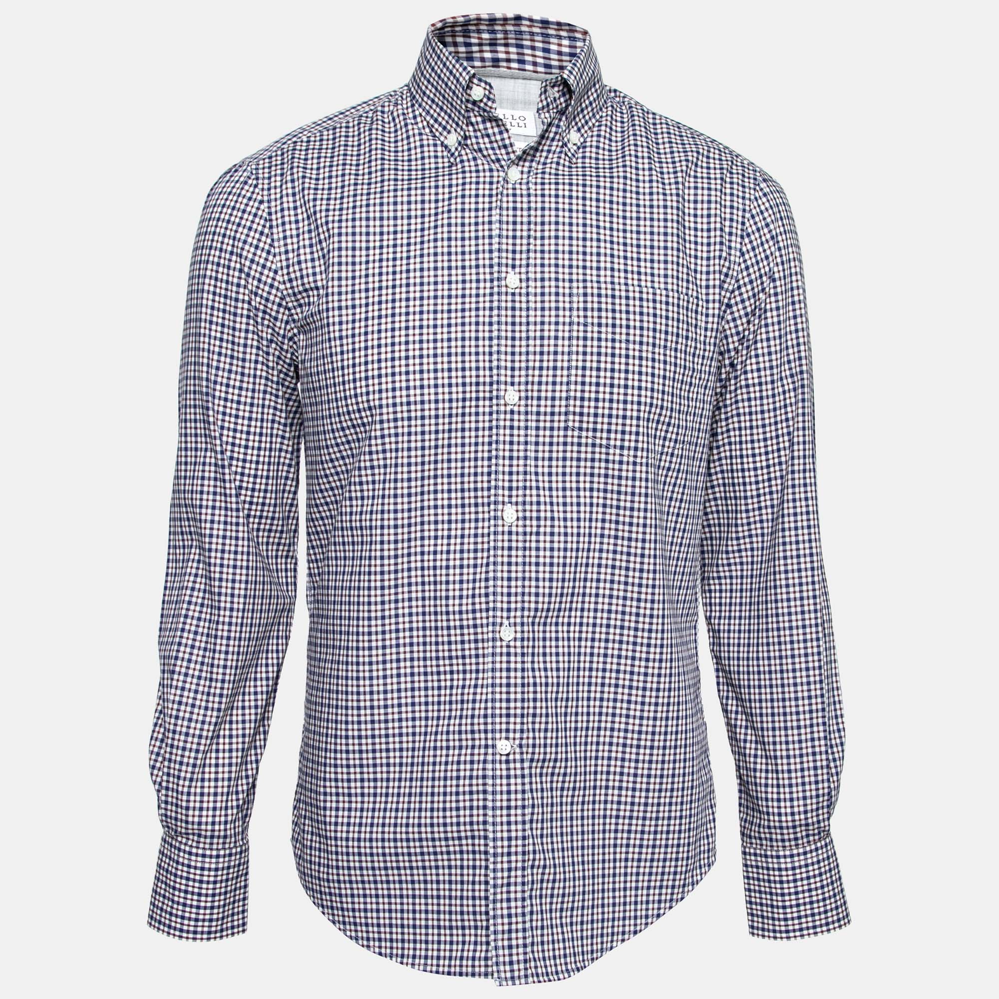 Pre Owned Brunello Cucinelli Blue & Red Checkered Cotton Slim Fit Shirt S
