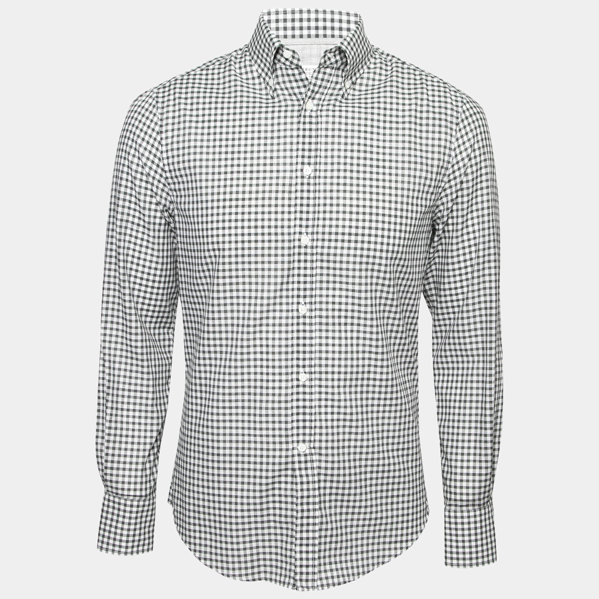 Pre Owned Brunello Cucinelli Grey Checkered Cotton Slim Fit Shirt S