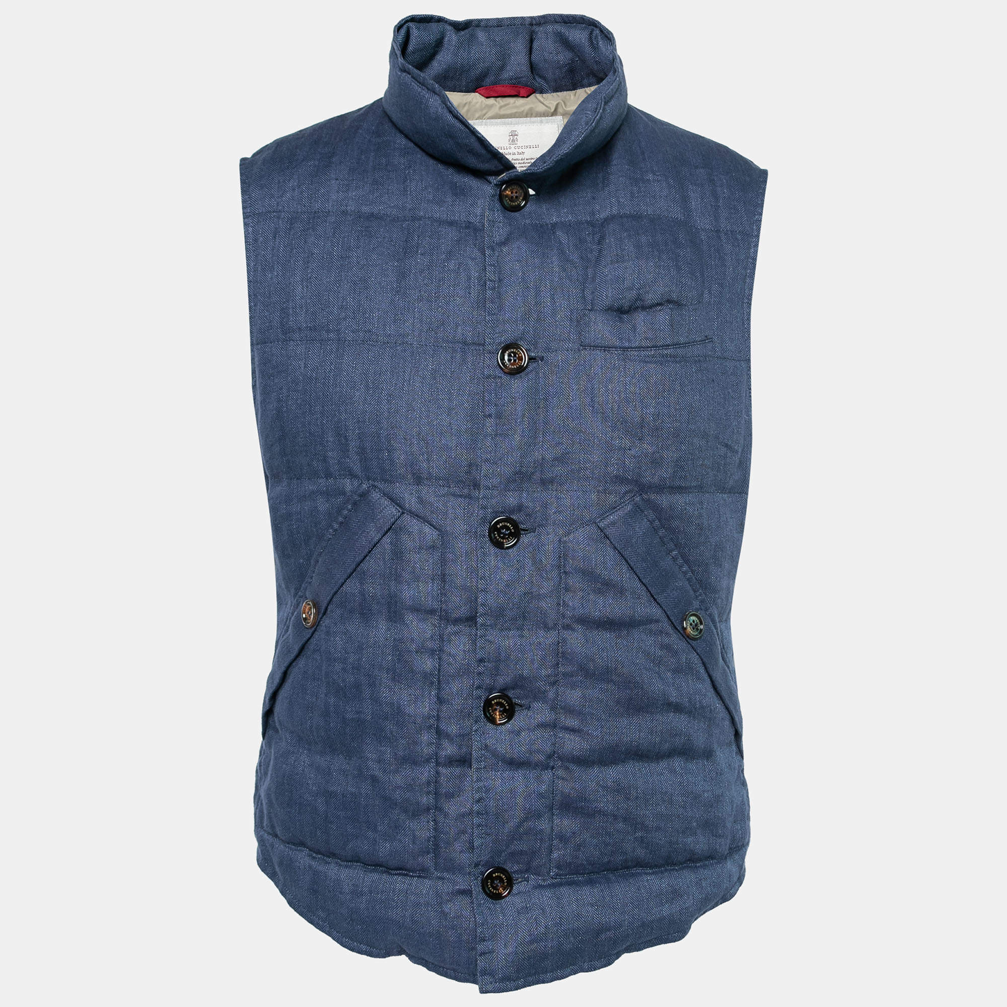Brunello Cucinelli Blue Down Linen Button Front Gilet L