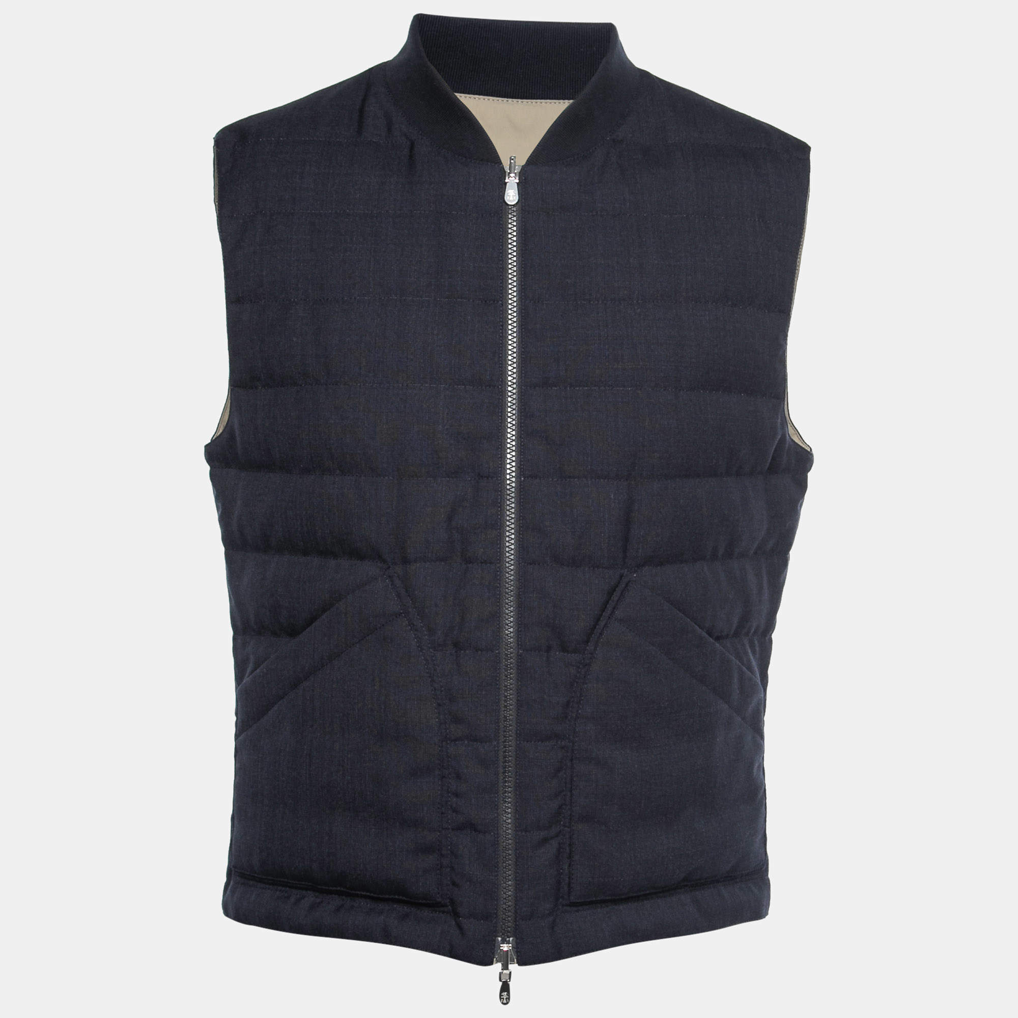 Pre Owned Brunello Cucinelli Navy Blue Linen & Cotton Reversible Jacket Vest M