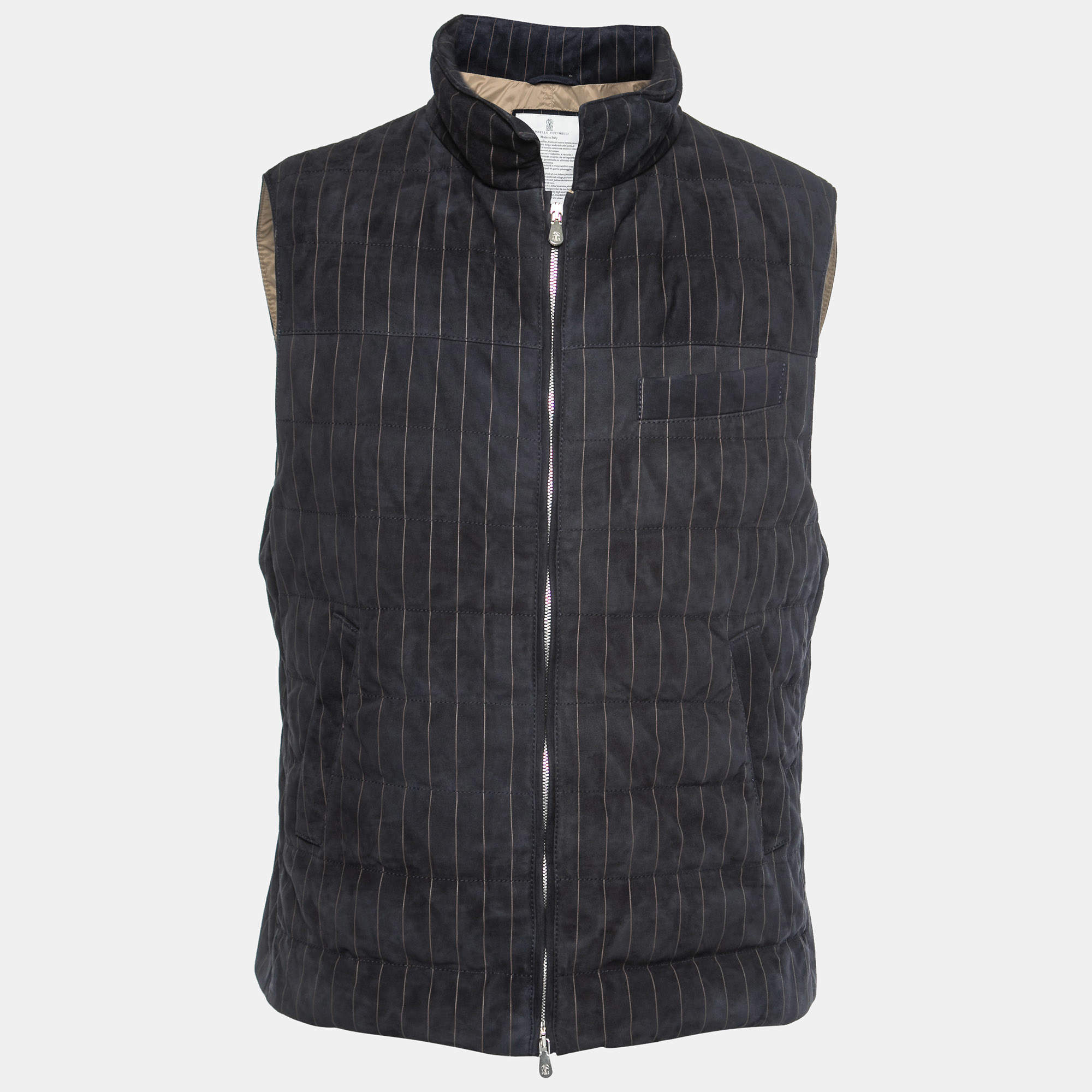 Pre Owned Brunello Cucinelli Navy Blue Striped Suede Jacket Vest M