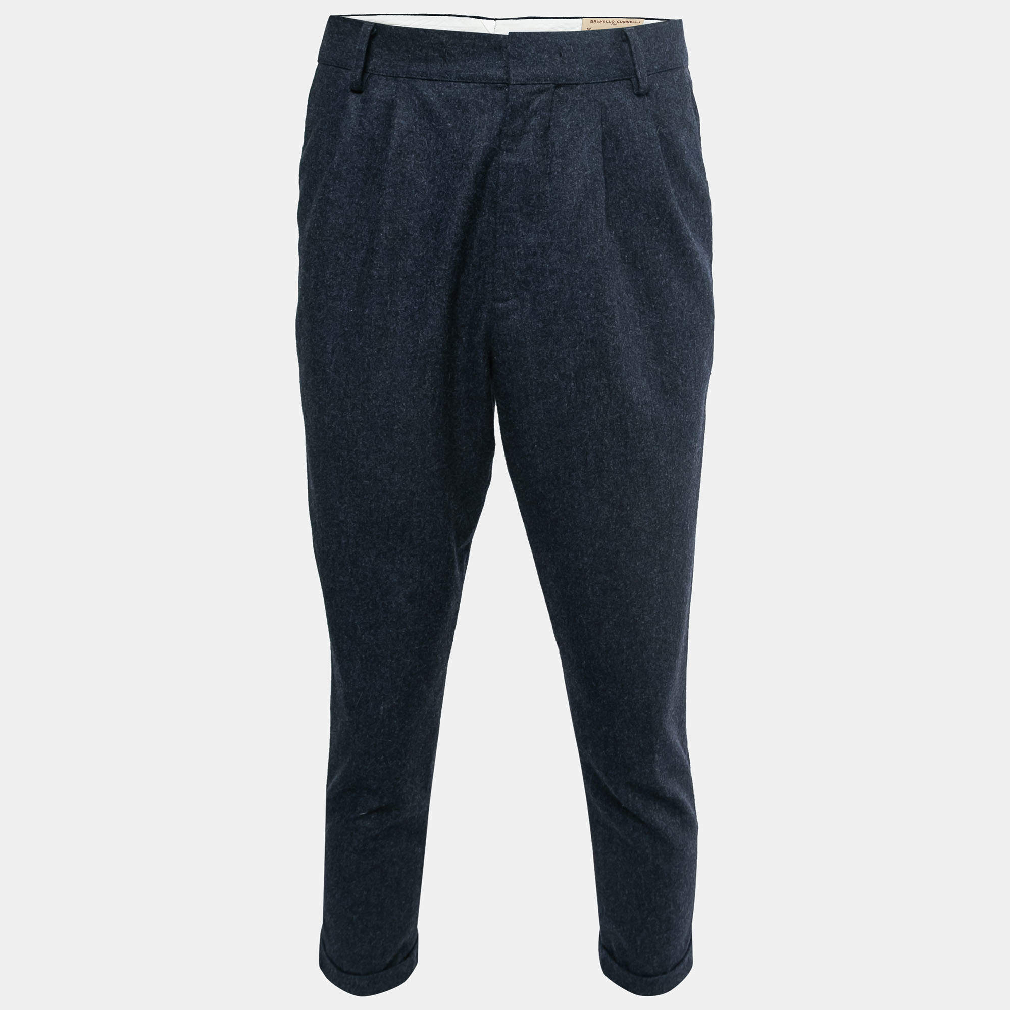 Brunello Cucinelli Dark Blue Fleece Wool Trousers L