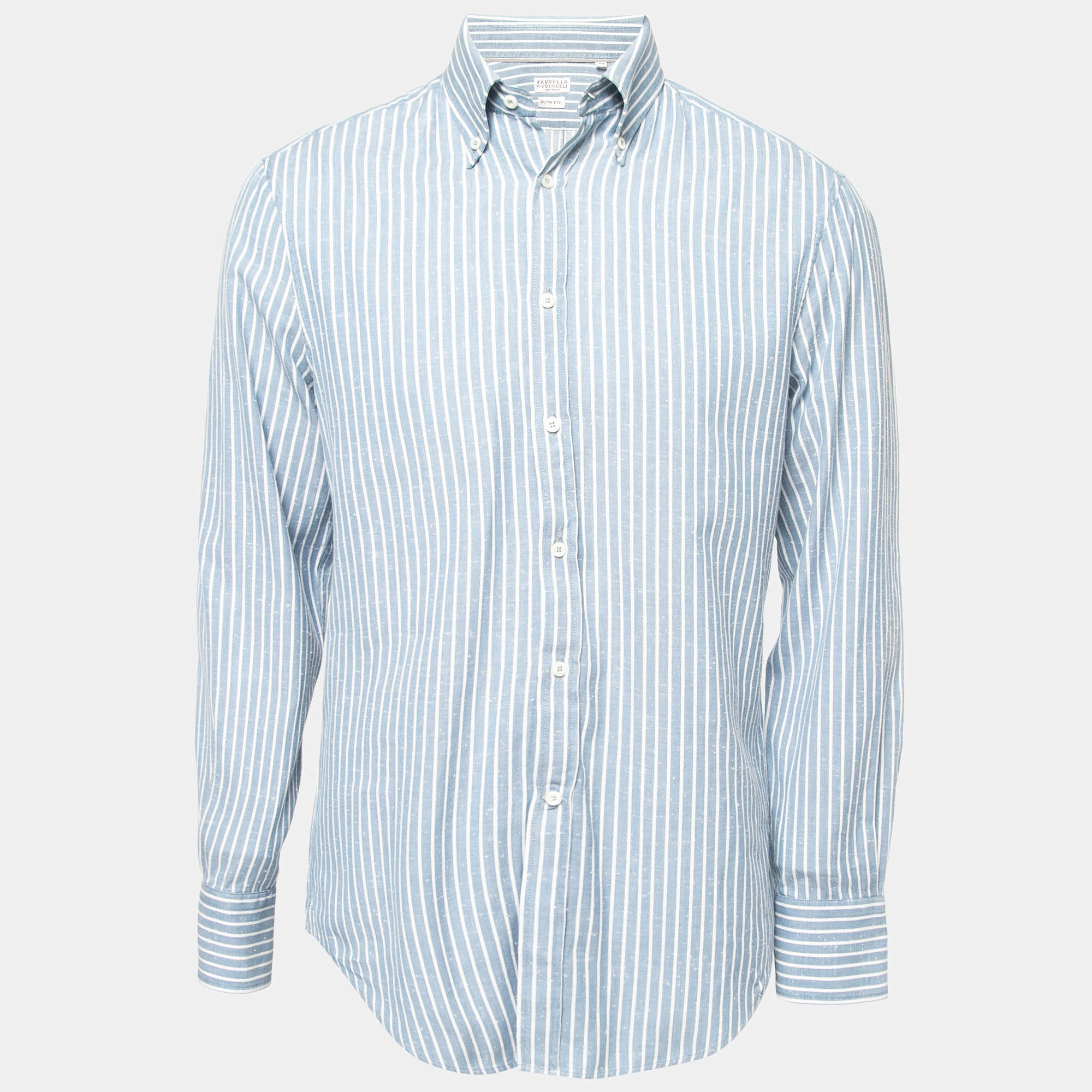 Pre Owned Brunello Cucinelli Blue Striped Cotton Button Down Slim Fit Shirt M