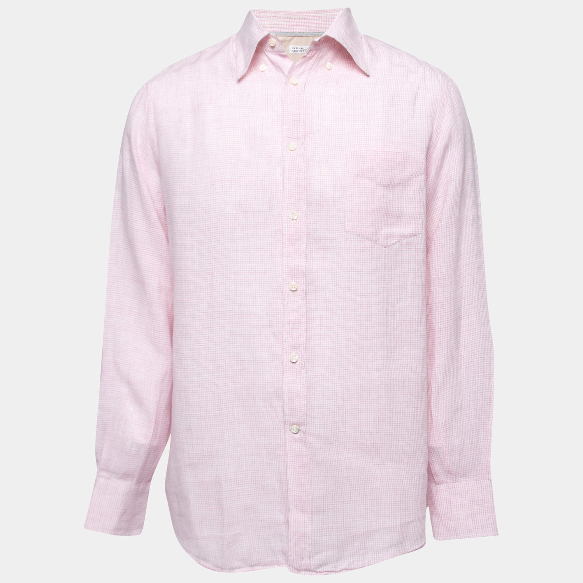 Brunello Cucinelli Pink Checked Patterned Linen Button Down Shirt L