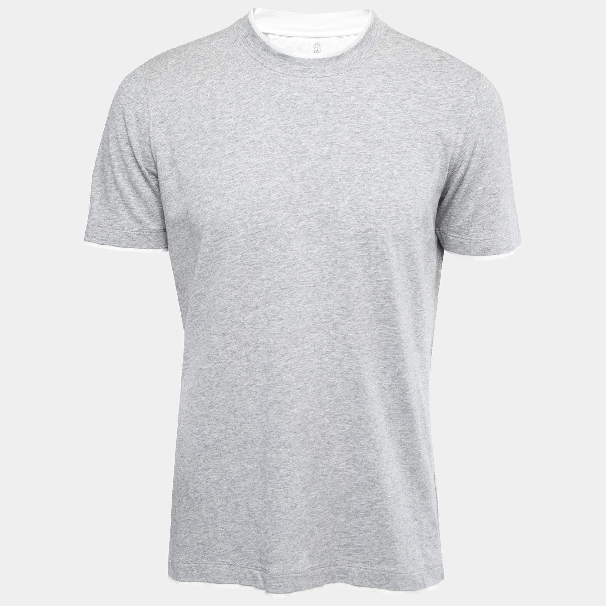 Tシャツ・カットソー BRUNELLO CUCINELLI RHUTENIUM GREY COTTON STRETCH T-SHIRT Brunello Cucinelli Grey Cotton Layered Effect Slim Fit T