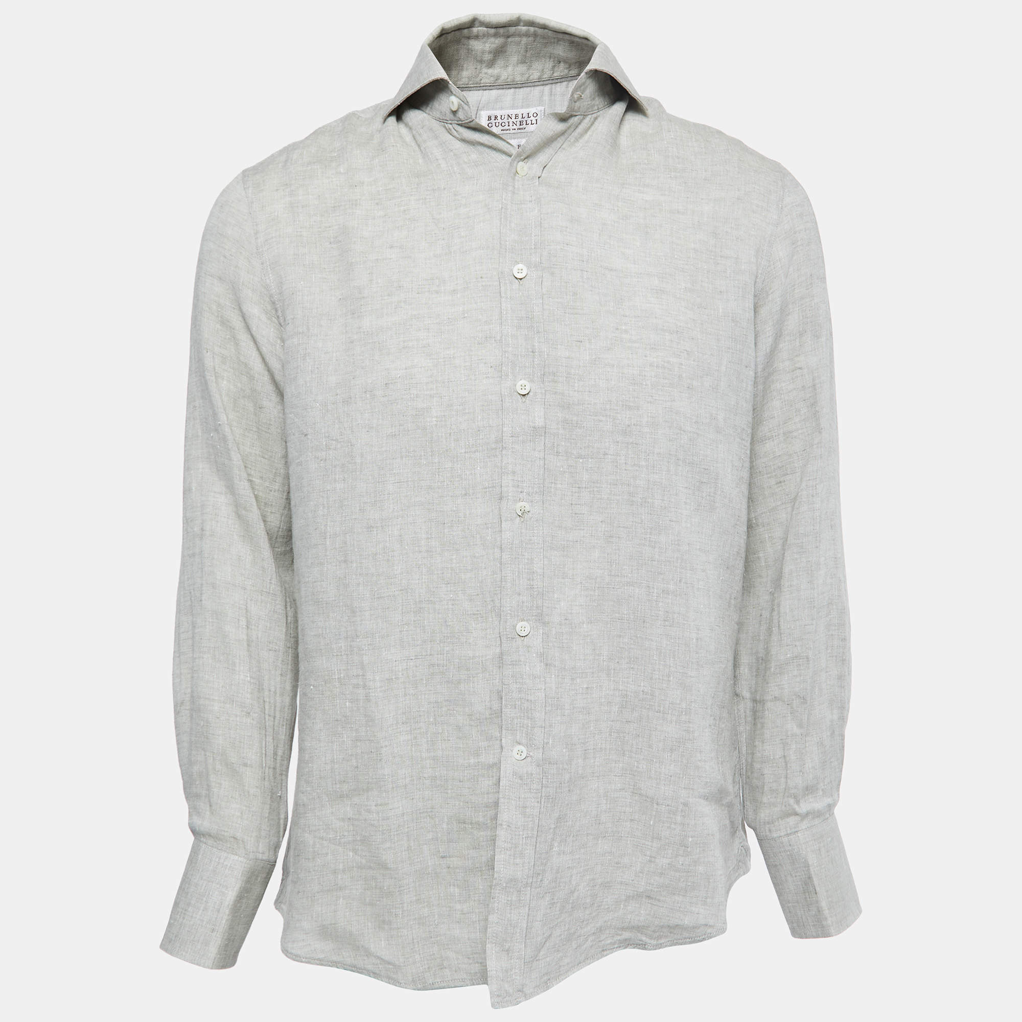 Pre Owned Brunello Cucinelli Grey Linen Slim Fit Full Sleeve Shirt M
