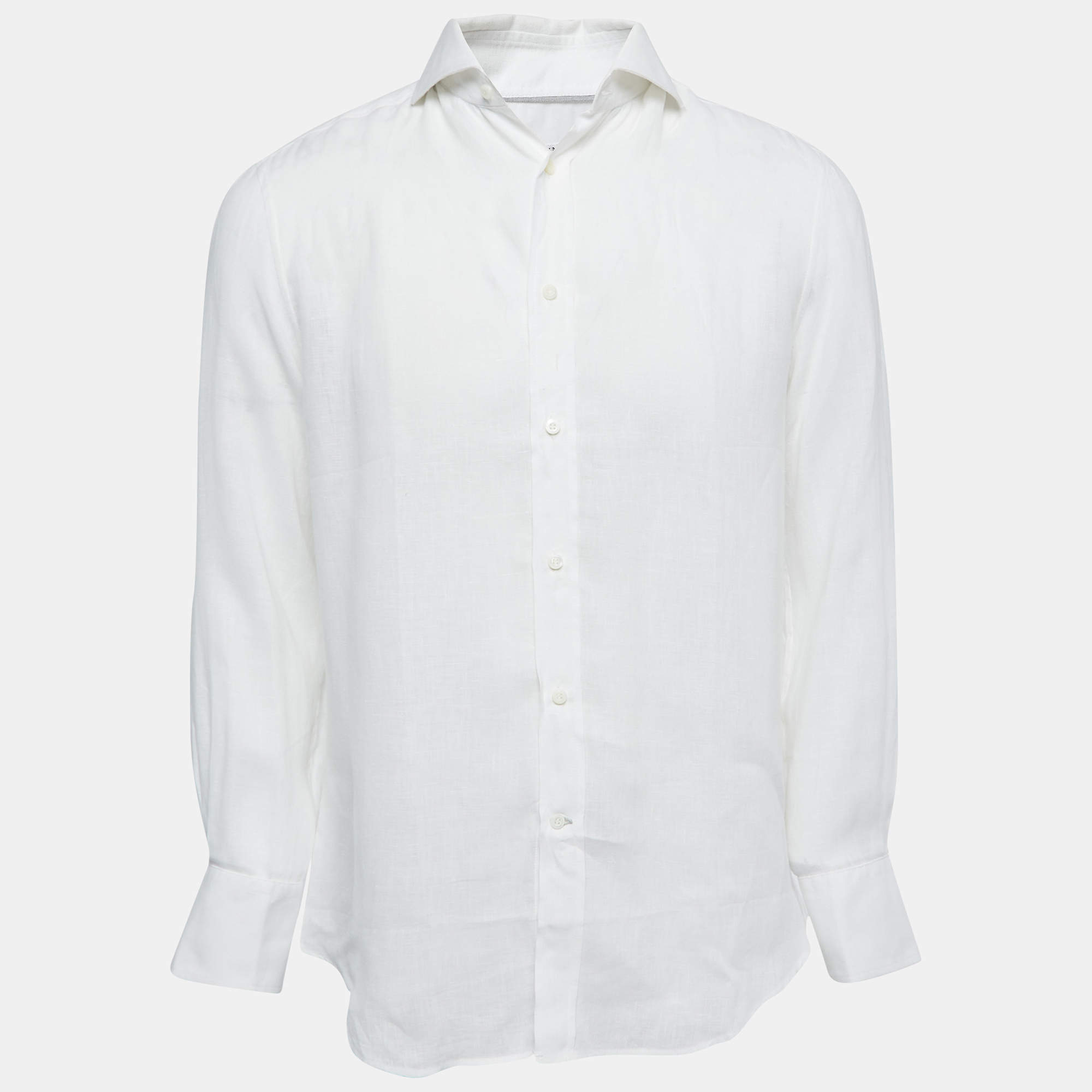 Brunello Cucinelli White Linen Slim Fit Full Sleeve Shirt S