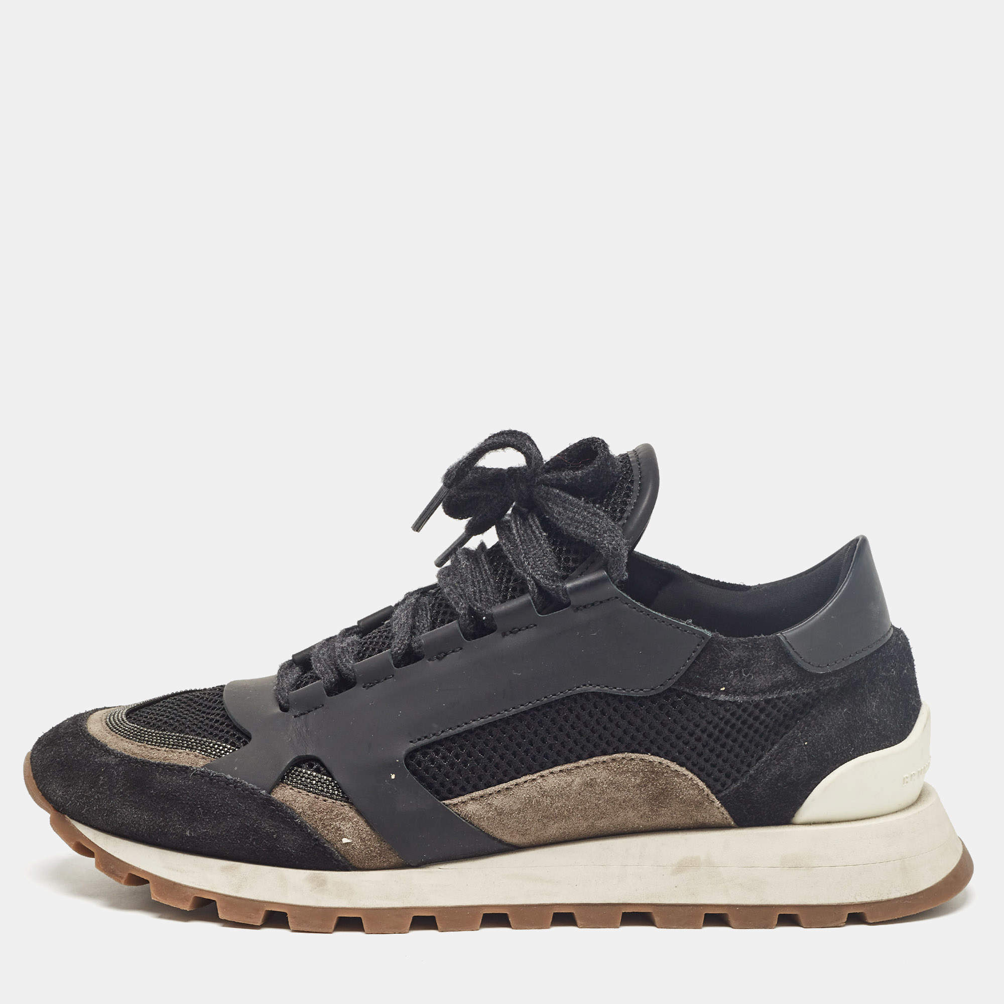 Pre Owned Brunello Cucinelli Black Leather and Suede Lace Up Sneakers 41