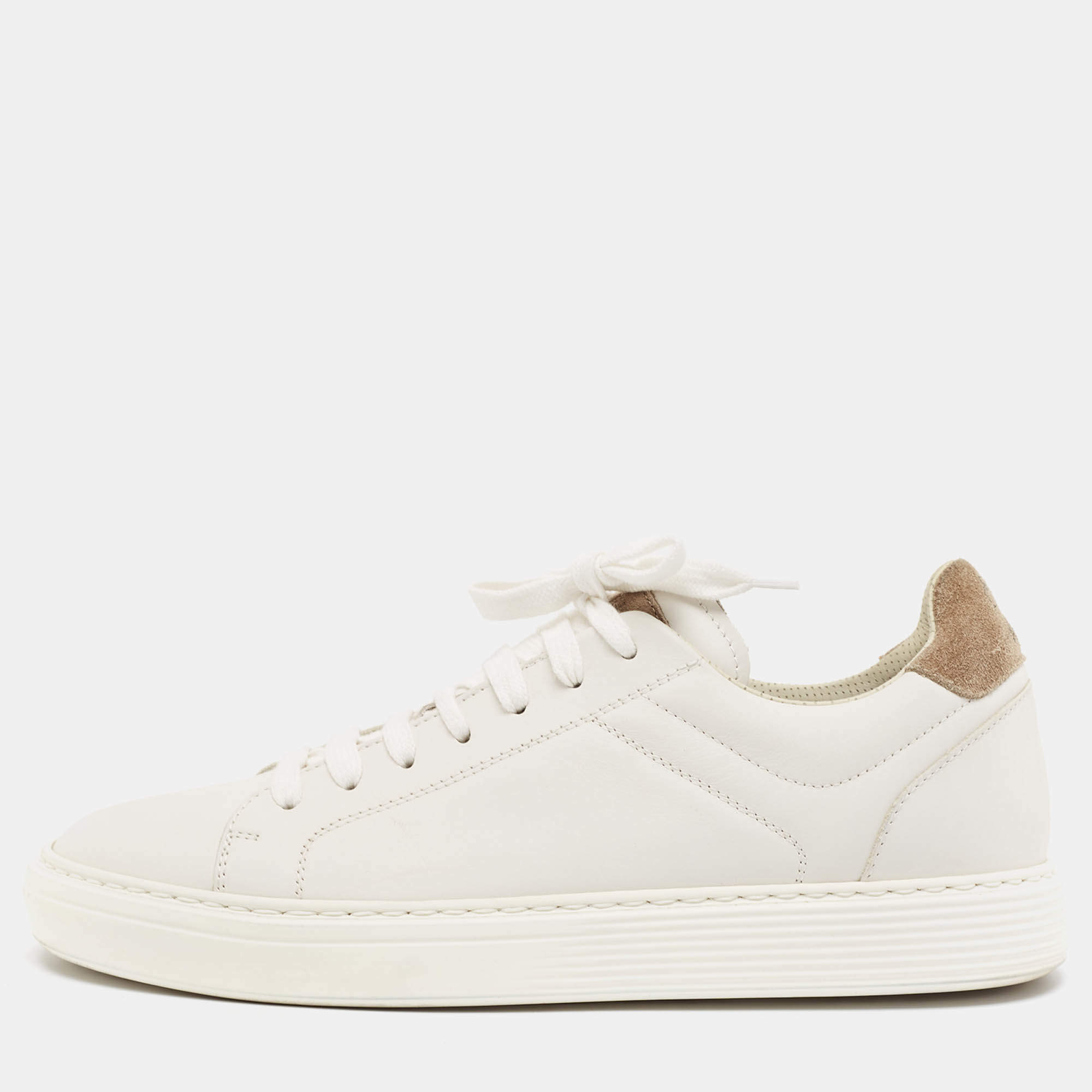Brunello Cucinelli White/Beige Leather and Suede Low Top Sneakers Size 42
