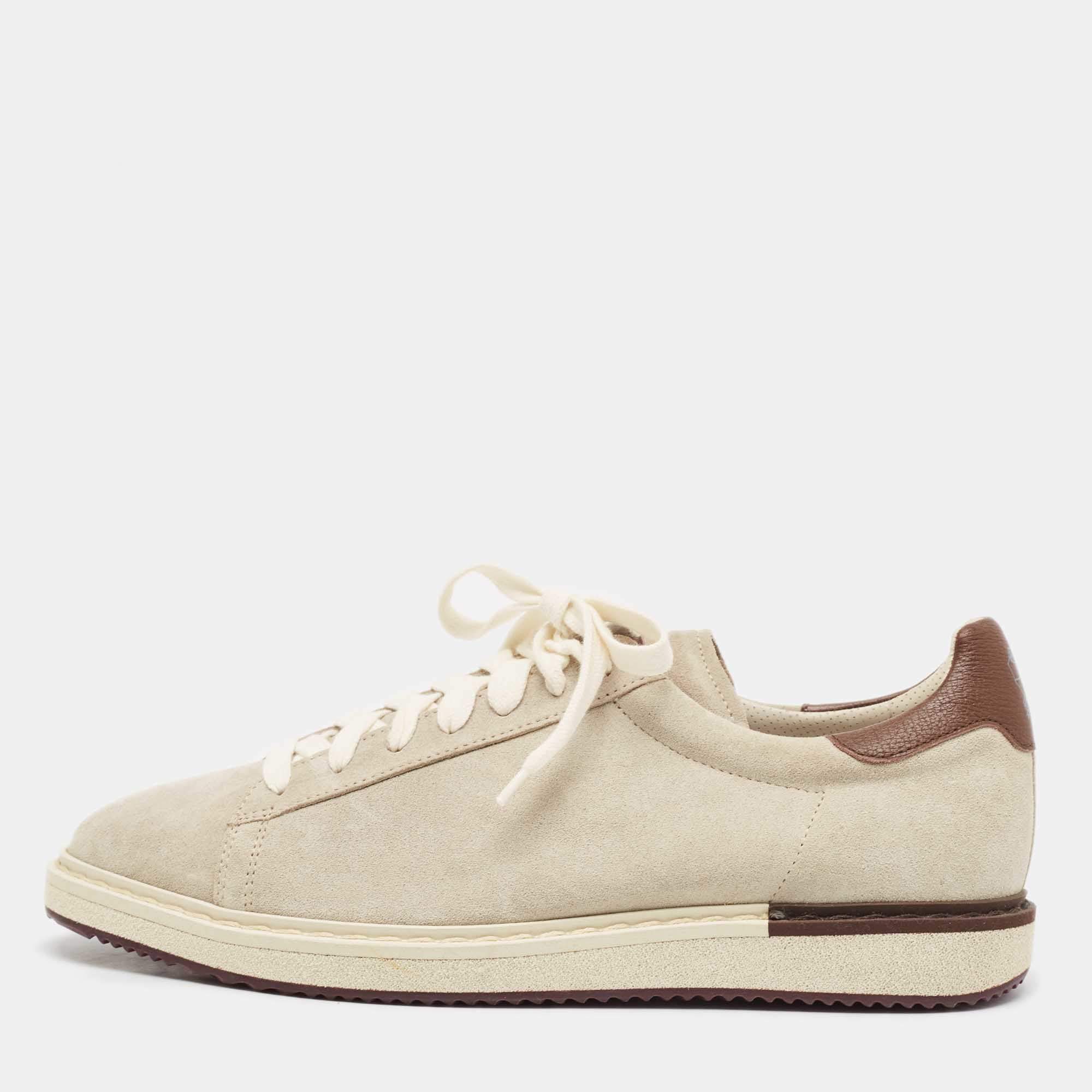 Pre Owned Brunello Cucinelli Grey/Brown Suede and Leather Trim Low Top Sneakers Size 43