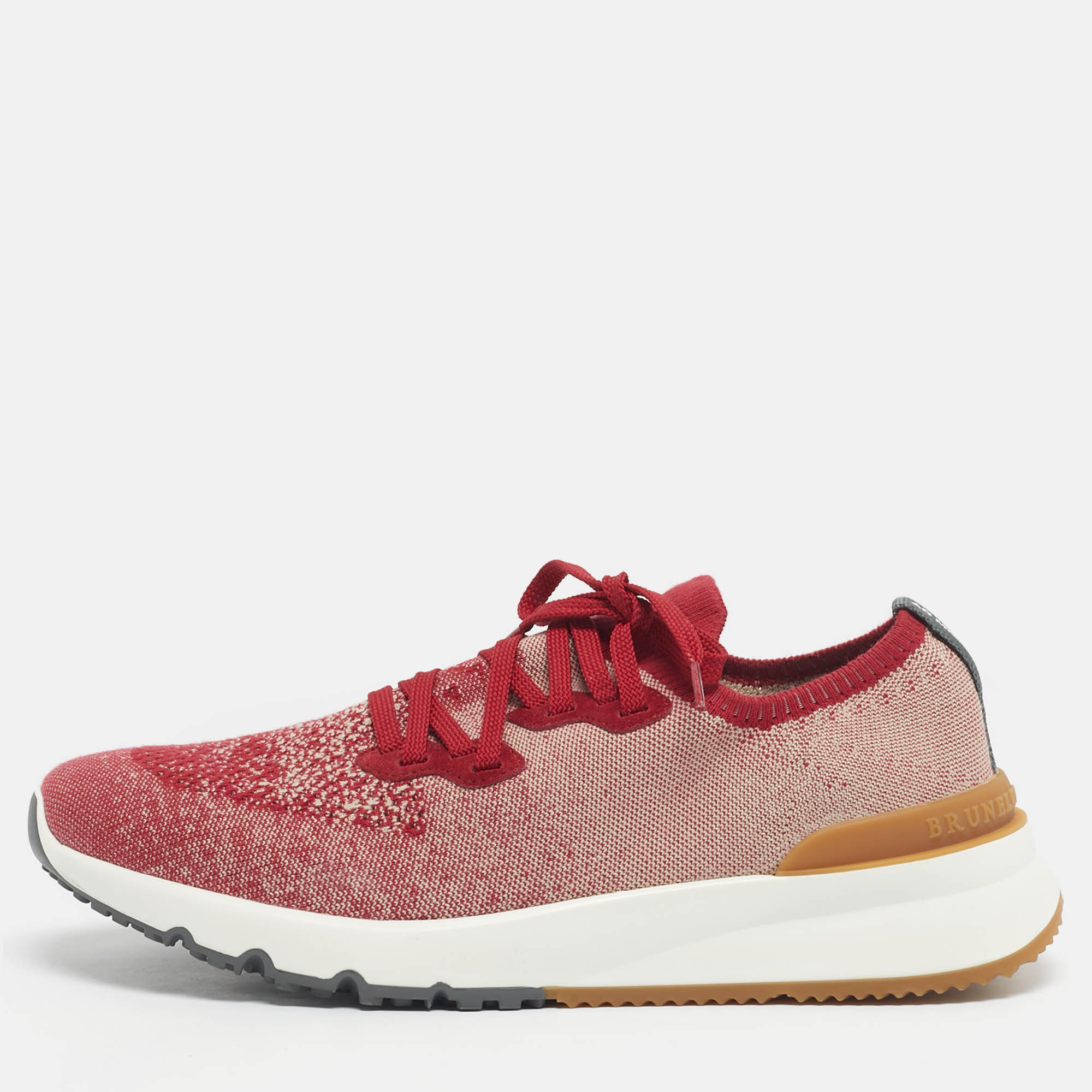 Pre Owned Brunello Cucinelli Red/Beige Knit Fabric Lace Up Sneakers Size 43