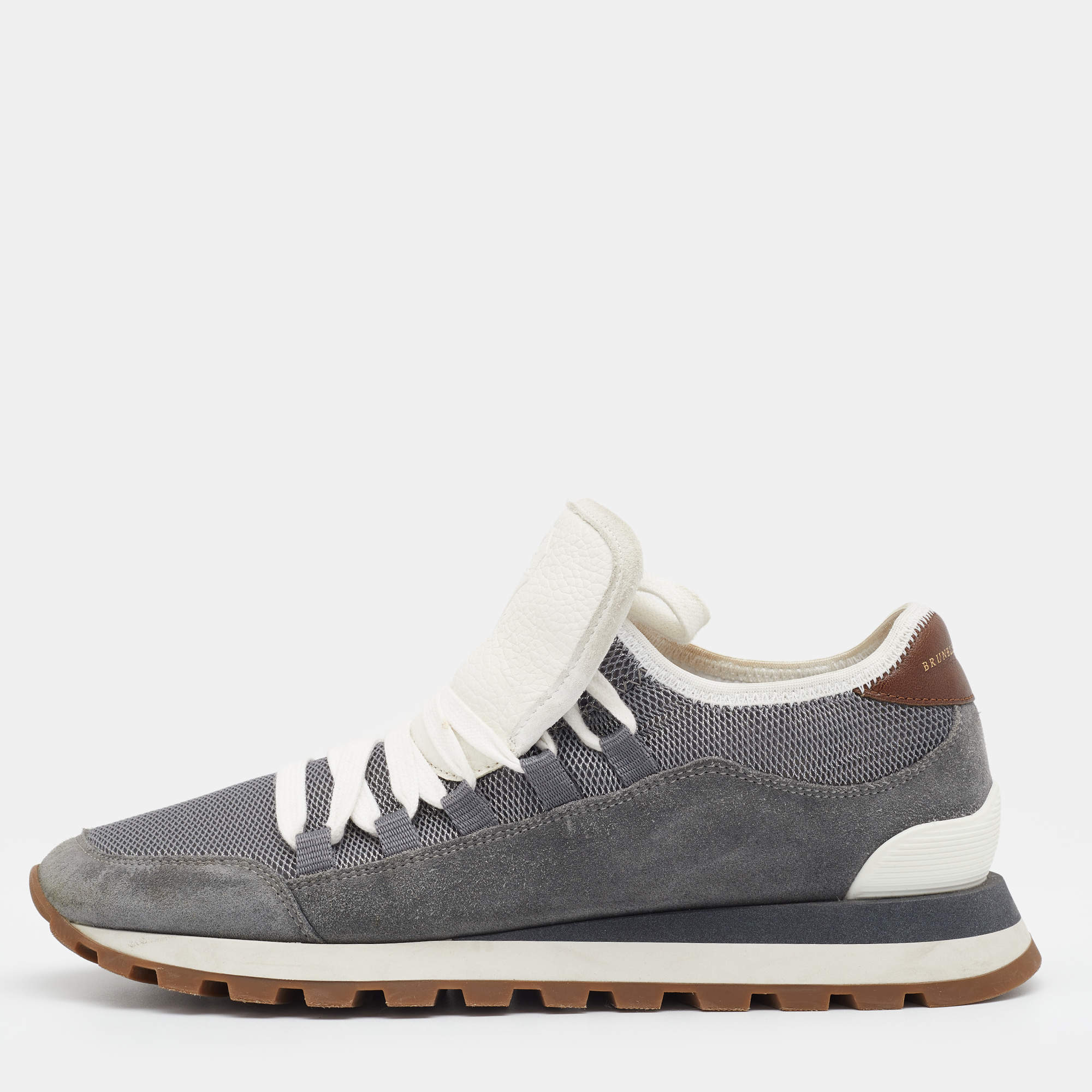 Brunello Cucinelli Grey Mesh And Suede Low Top Sneakers Size 40