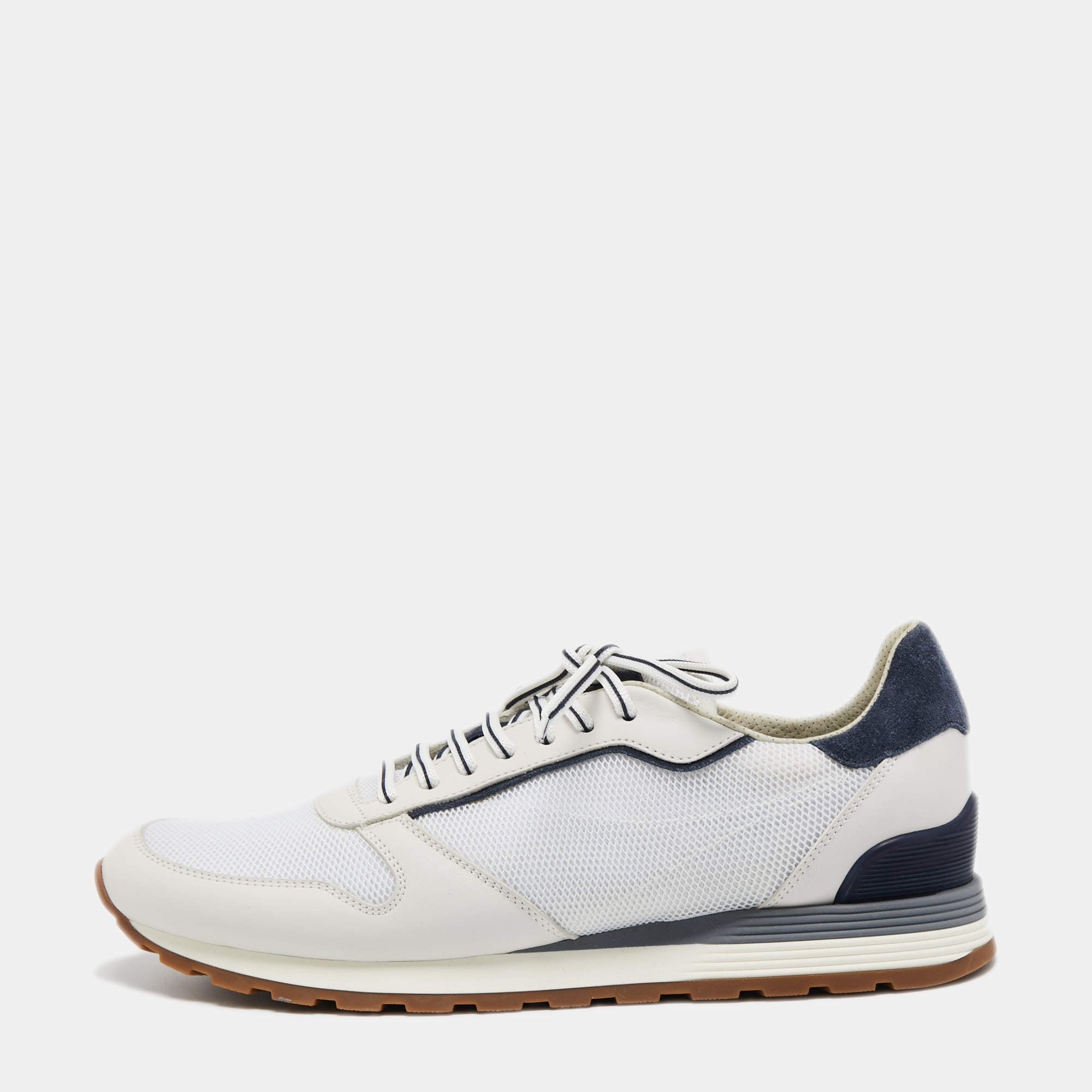 Brunello Cucinelli White/Navy Blue Leather and Mesh Low Top Sneakers Size 43.5