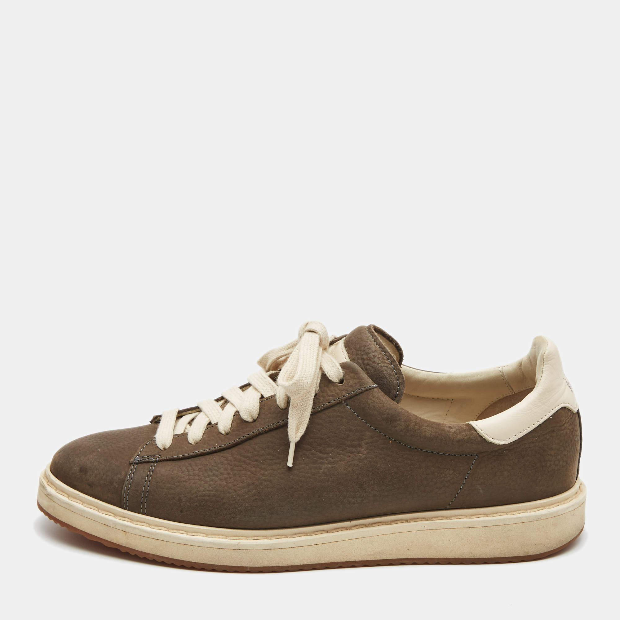 Brunello Cucinelli Olive Green/Grey Nubuck and Leather Trim Low Top Sneakers Size 41