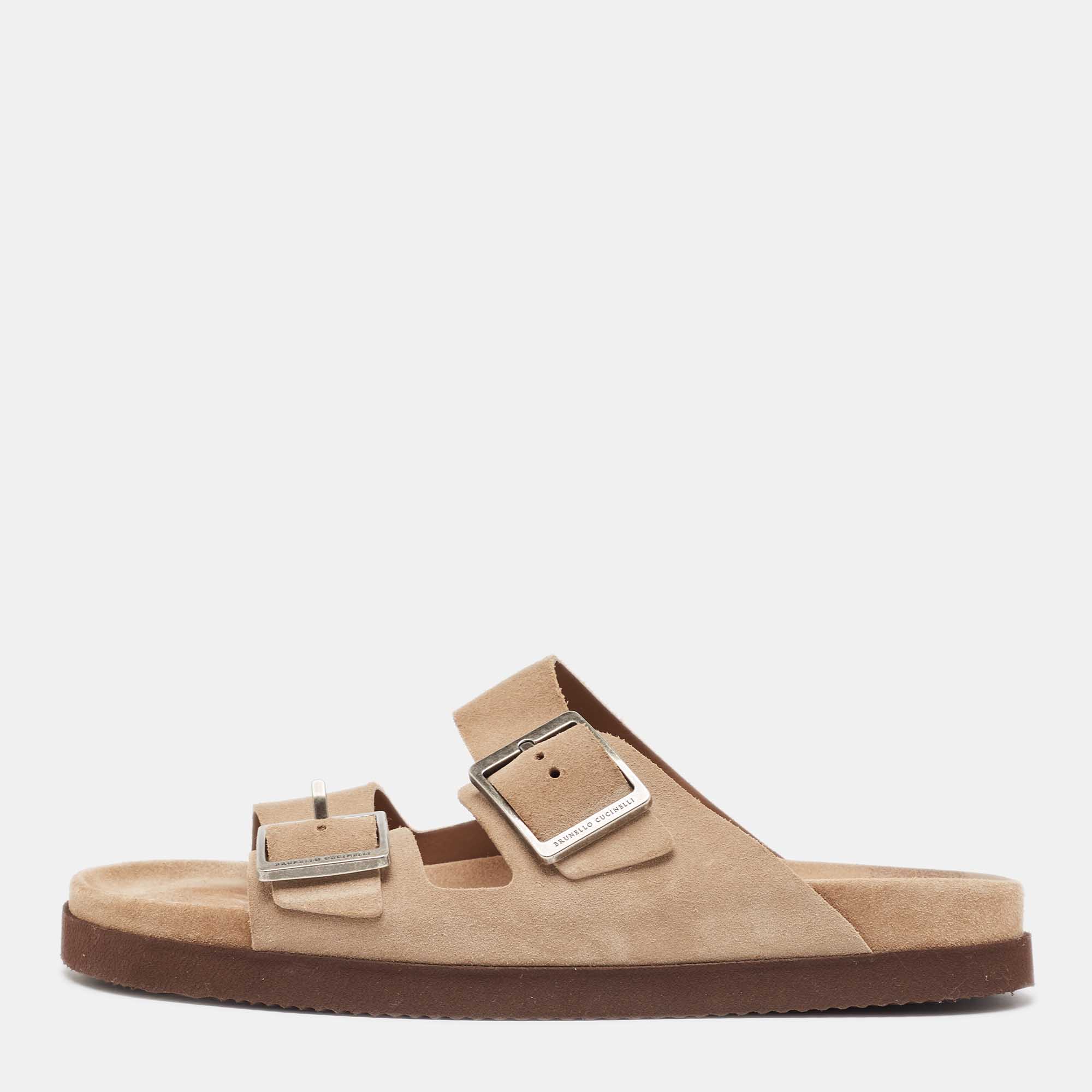 Brunello Cucinelli Beige Suede Flat Slides Size 41