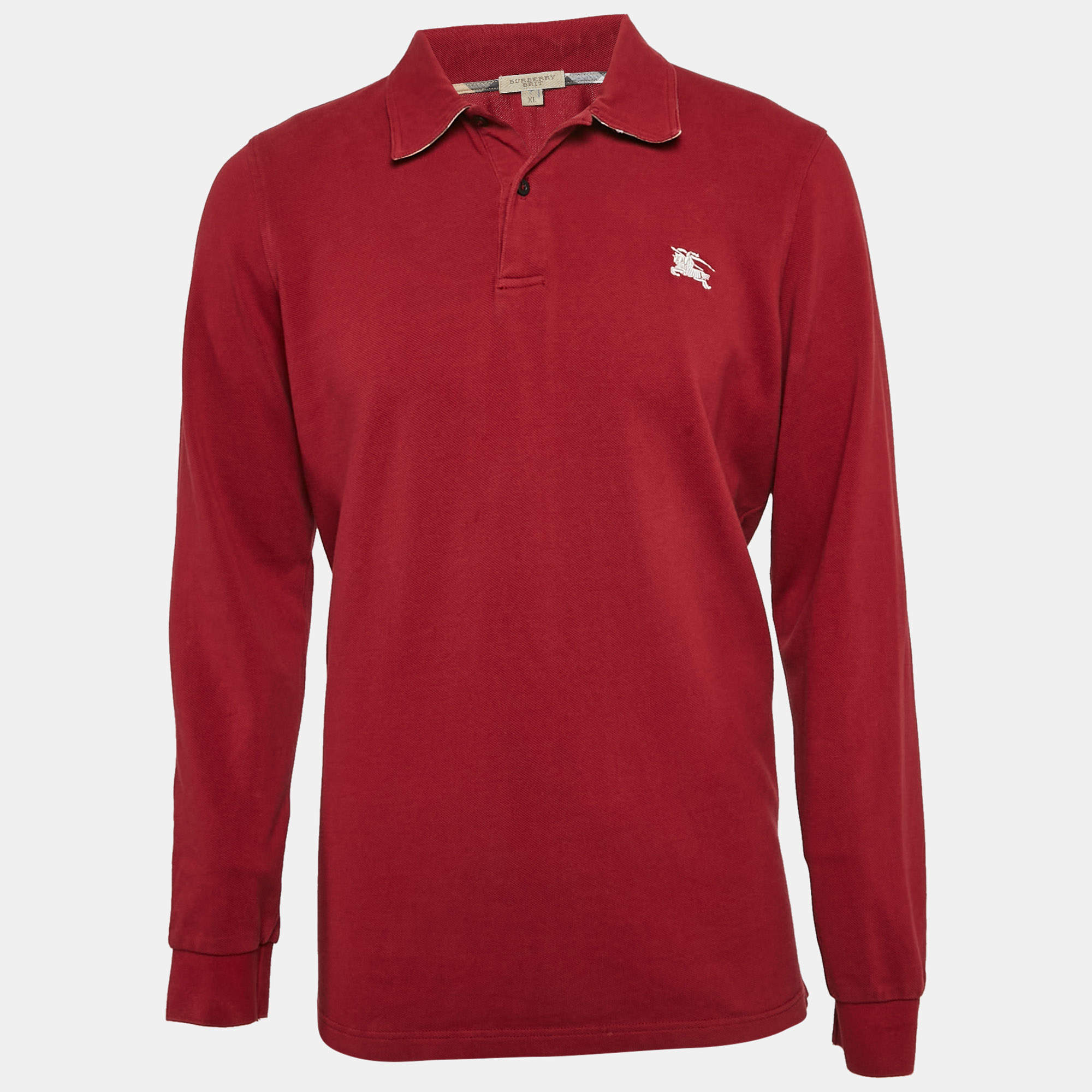 Pre Owned Burberry Brit Red Logo Embroidered Cotton Pique Polo T-Shirt XL
