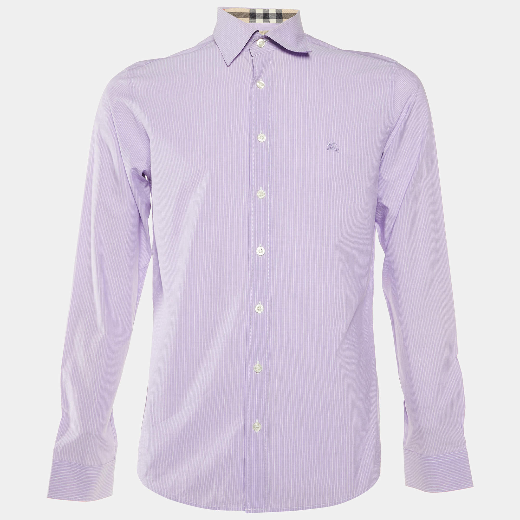 Pre Owned Burberry Brit Lilac Pin Striped Cotton & Linen Long Sleeve Shirt M