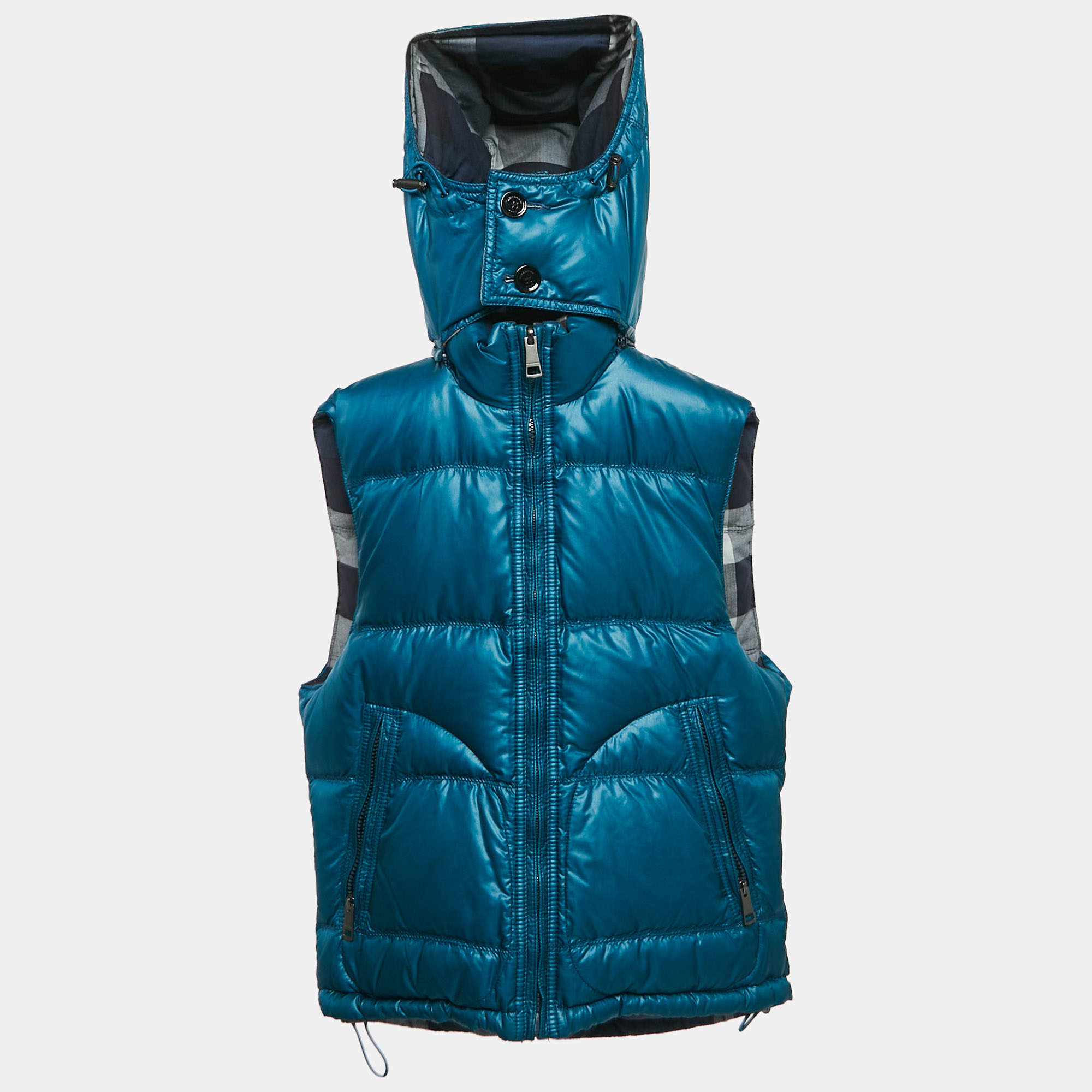 Pre Owned Burberry Brit Blue Nylon Quilted Zip-Up Hooded Reversible Jacket S