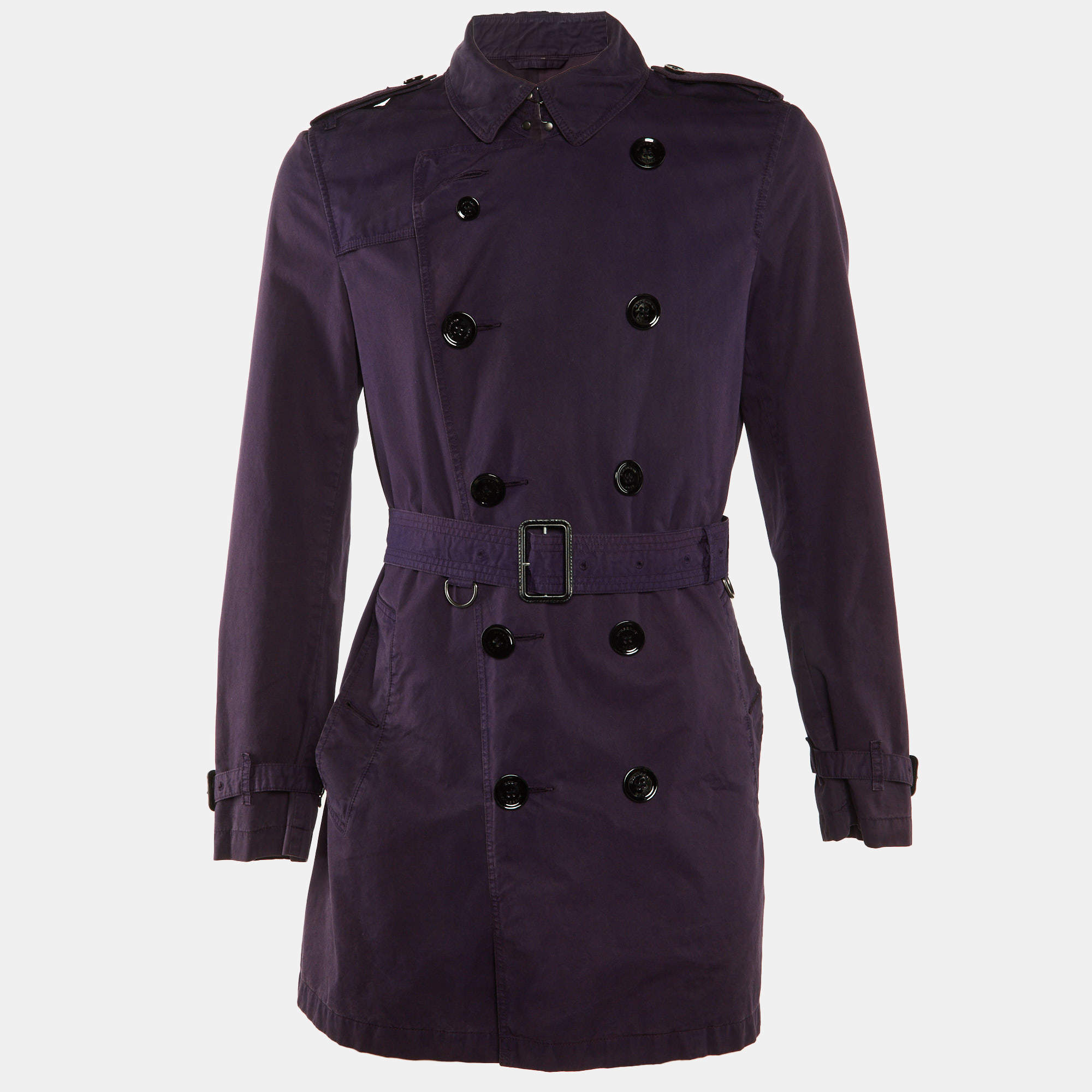 Pre Owned Burberry Brit Purple Cotton Double Breasted Trench Coat M