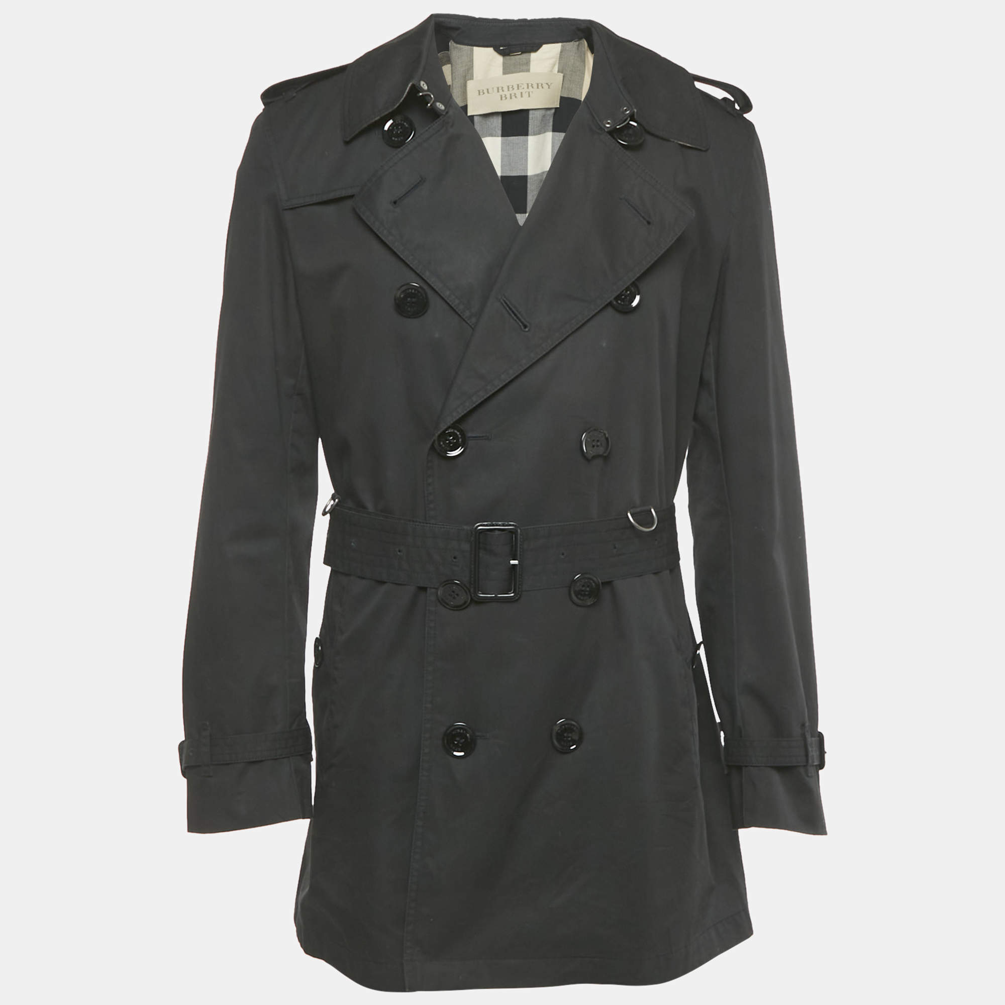 Pre Owned Burberry Brit Black Cotton Mid Length Trench Coat M 