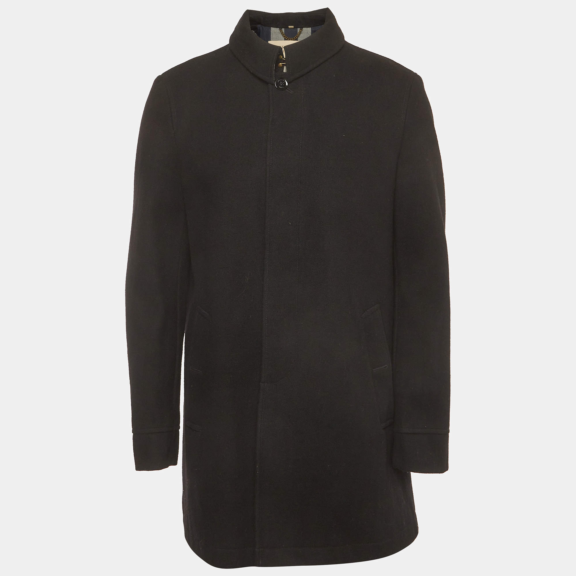 Pre Owned Burberry Brit Black Felt Wool Blend Single Breasted Coat L   