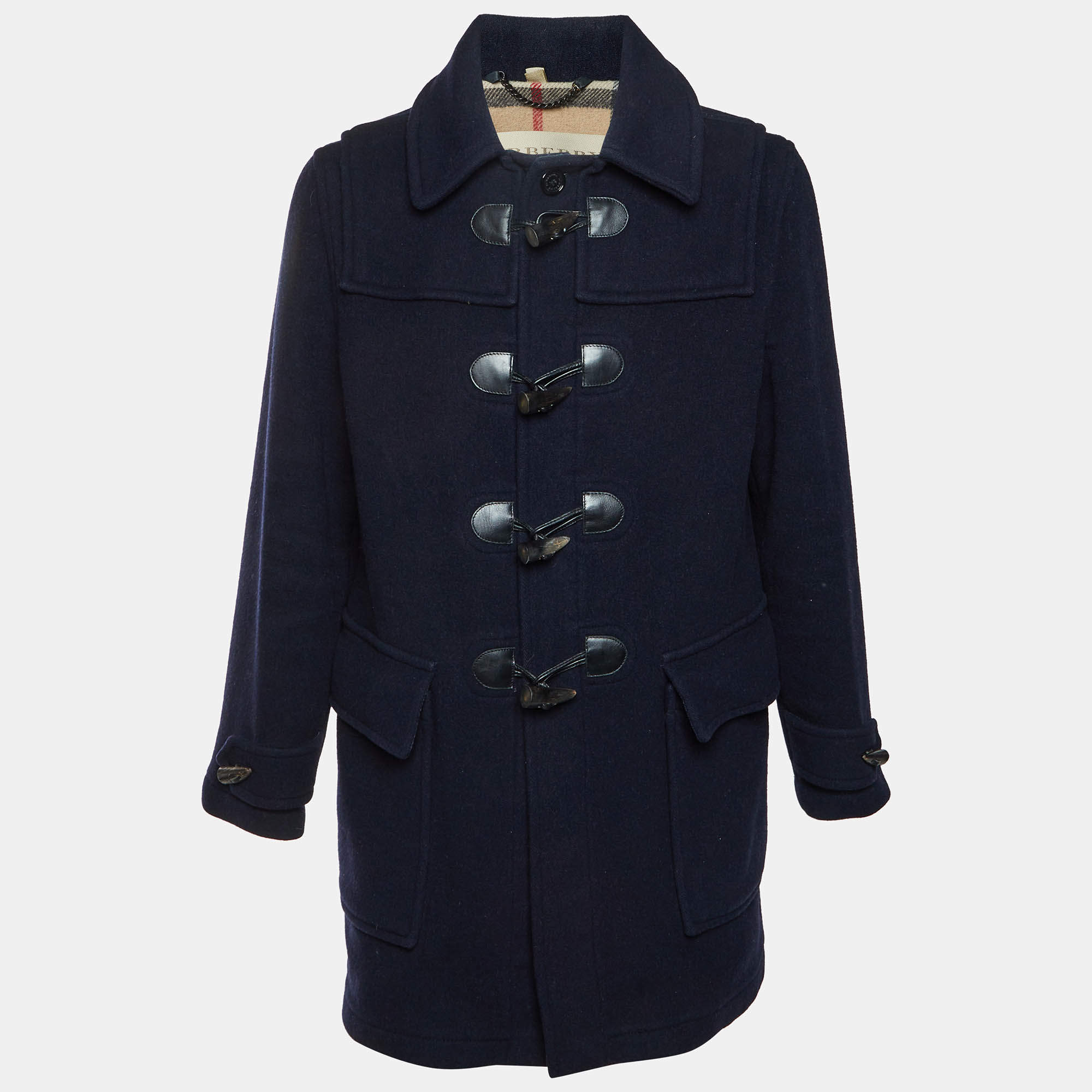 Pre Owned Burberry Brit Navy Blue Wool Toggle Duffle Coat L