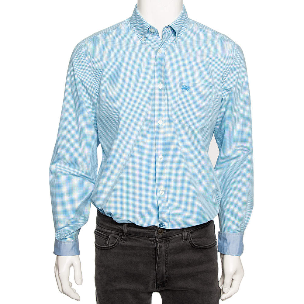 Burberry Brit Blue Micro Checked Cotton Button Down Shirt L