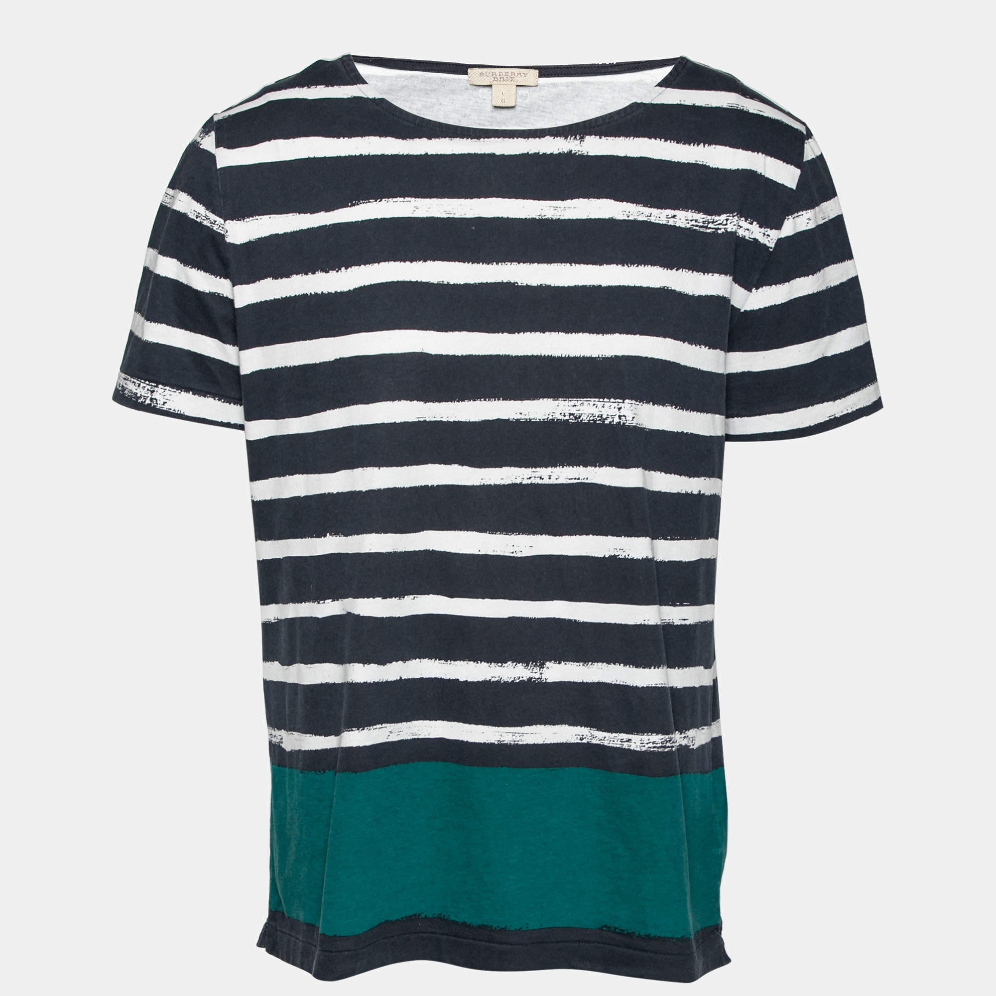 Pre Owned Burberry Brit White and Blue Cotton Striped Crew Neck T-Shirt L