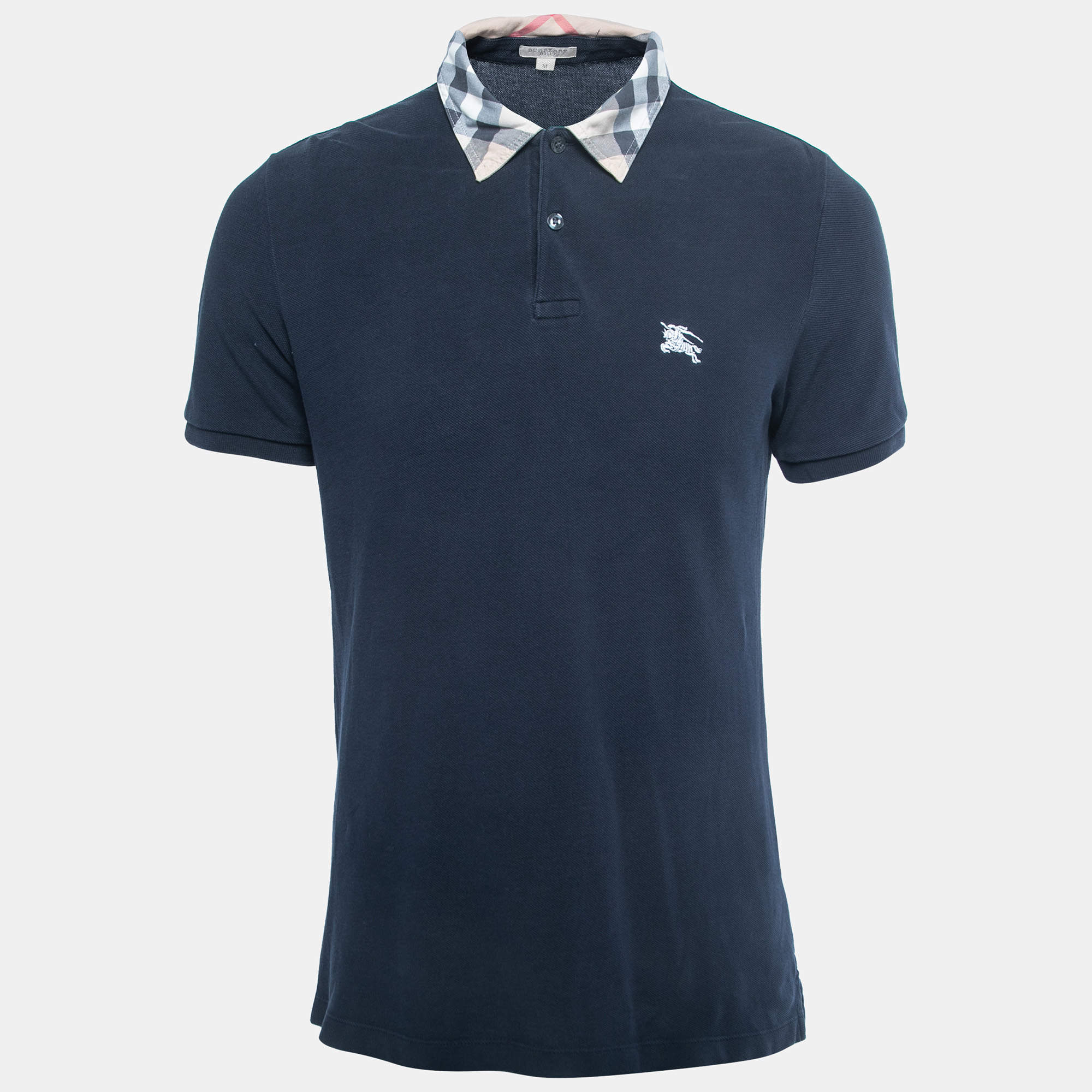 Pre Owned Burberry Brit Navy Blue Honeycomb Knit Novacheck Collar Detail Polo T-Shirt M