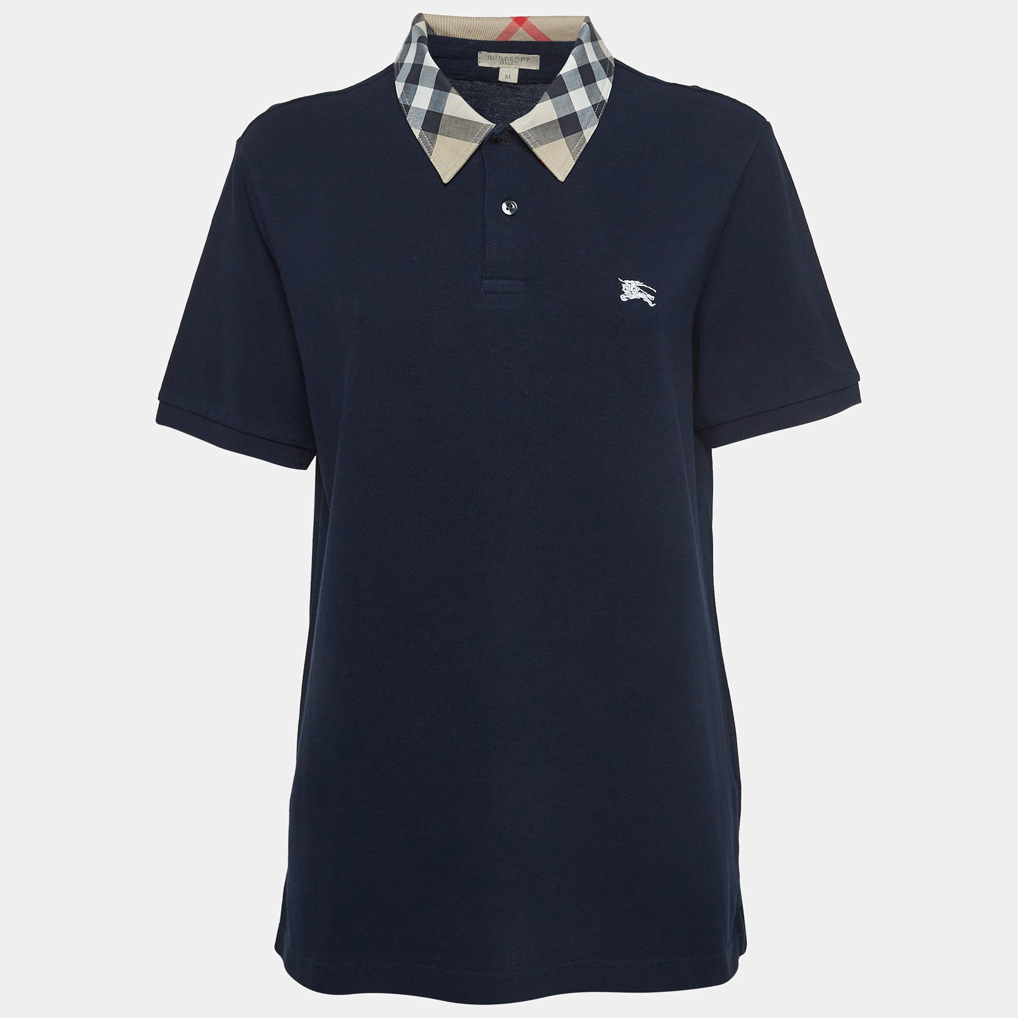 Pre Owned Burberry Brit Navy Blue Cotton Pique Checked Collar Polo T-Shirt M