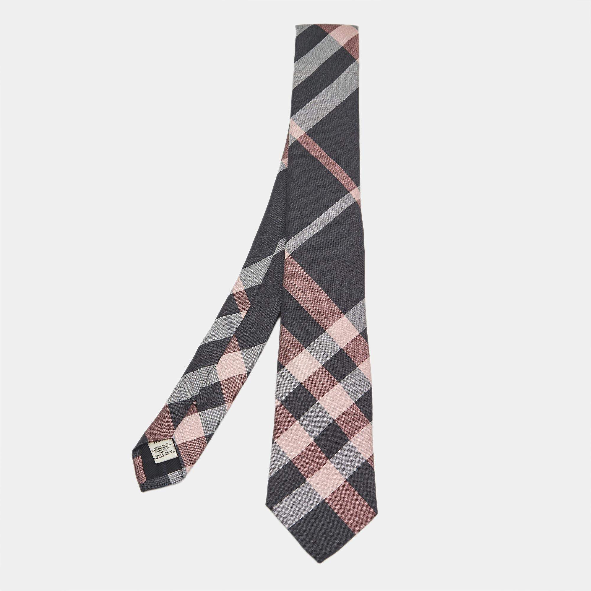 Pre Owned Burberry London Pink/Grey Nova Checks Silk Tie 