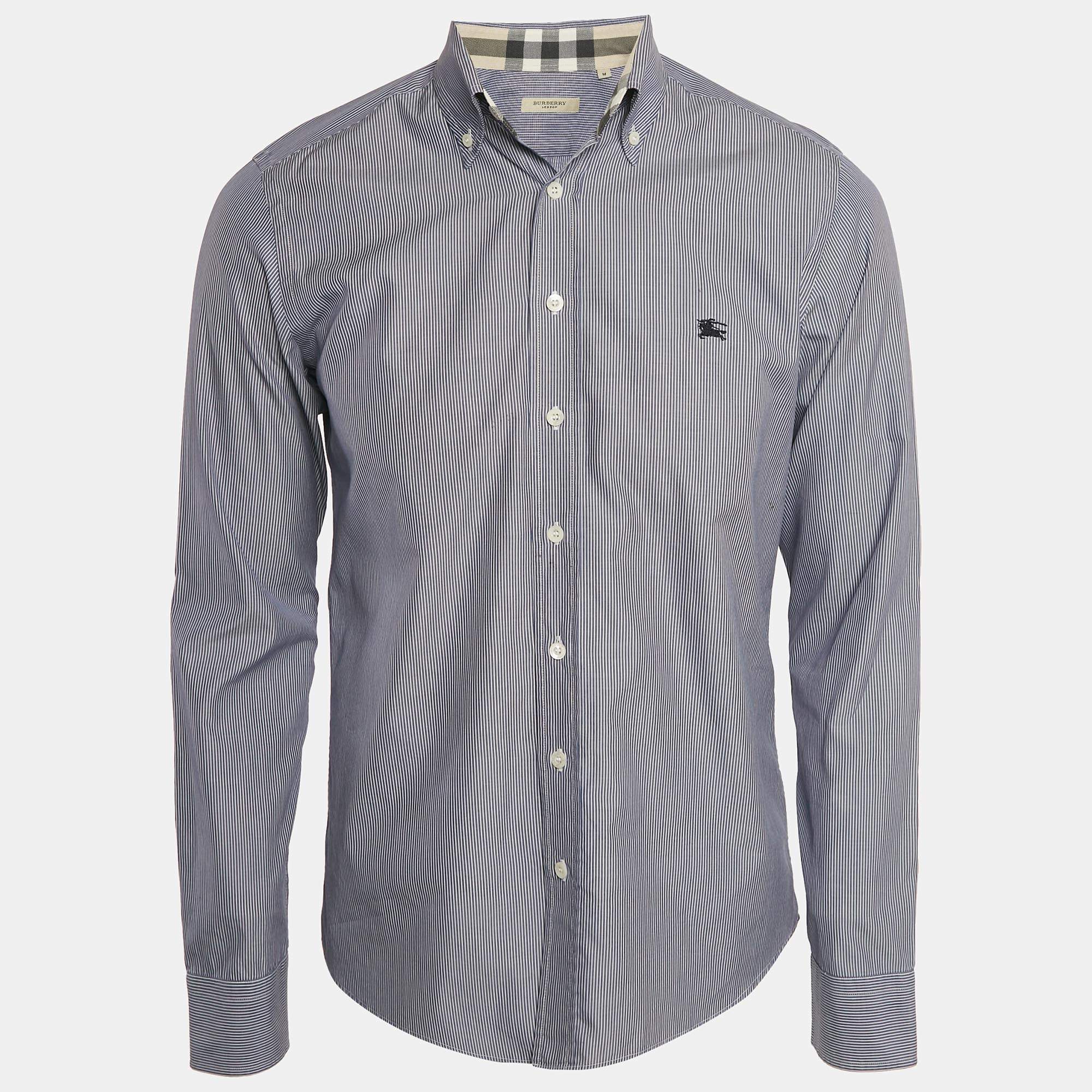 Burberry London Blue Stripe Cotton Button Front Full Sleeve Shirt M