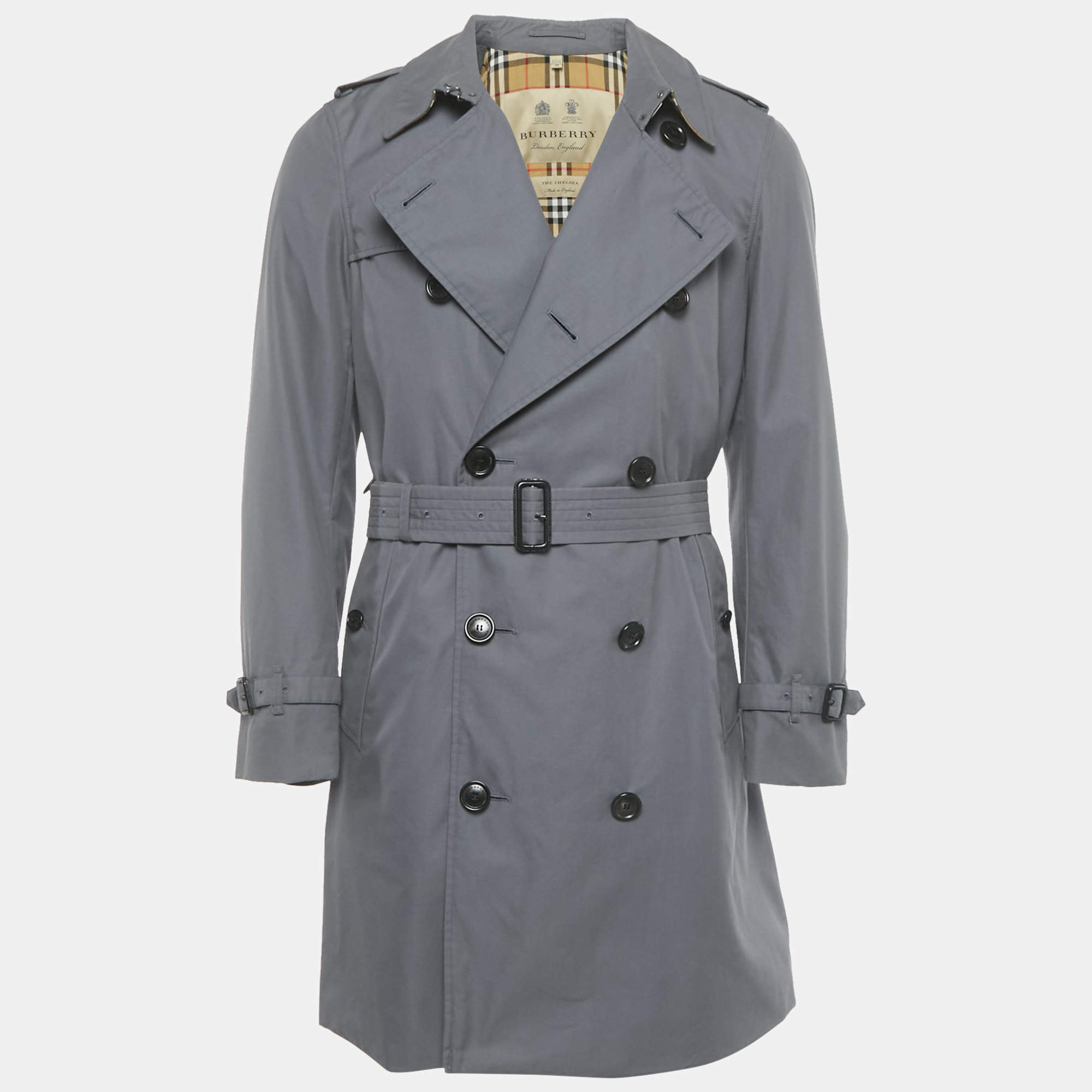 Pre Owned Burberry Grey Cotton Chelsea Heritage Mid Length Trench Coat M