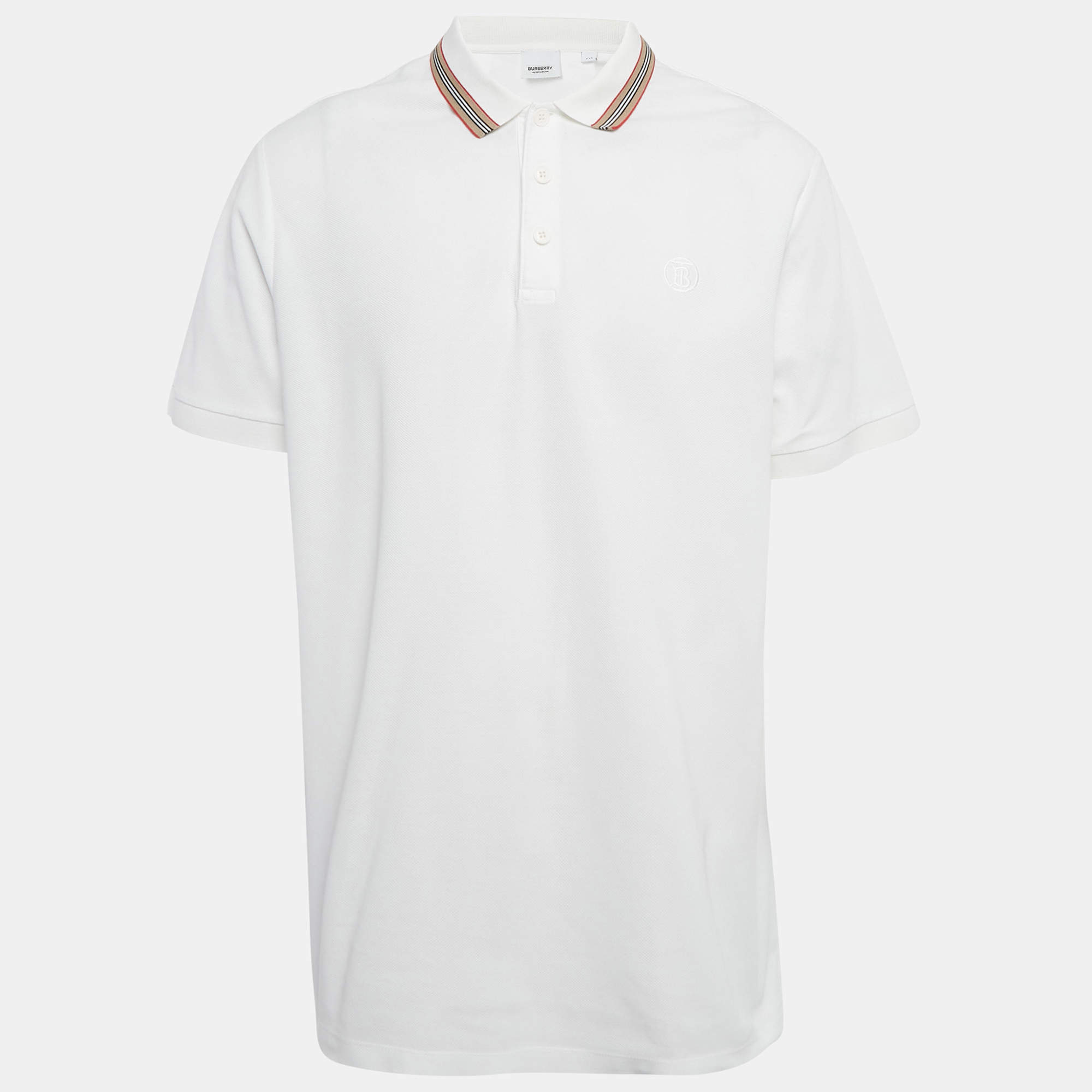 Pre Owned Burberry White Stripe Trim Cotton Polo T-Shirt XXL