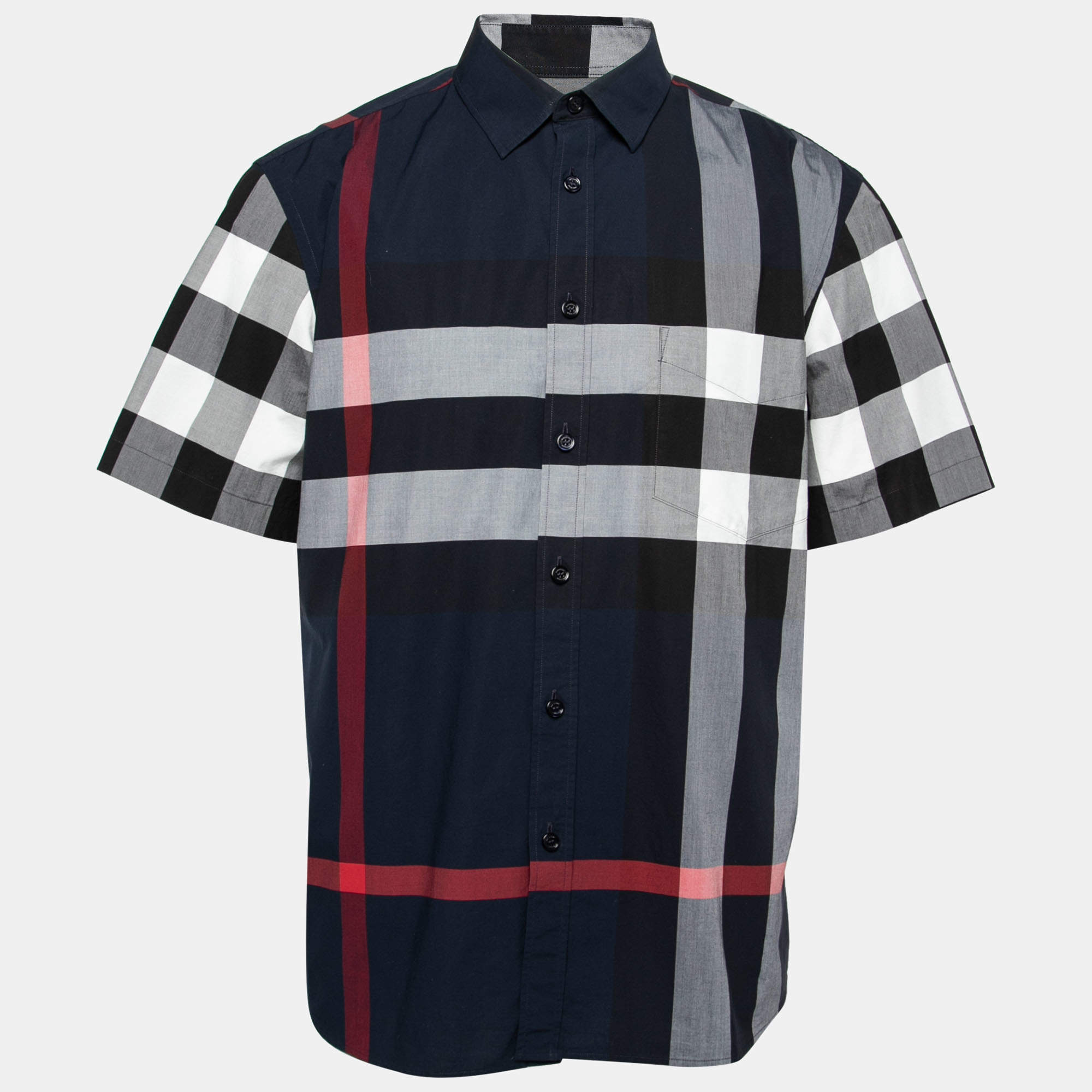 Burberry London Navy Blue Checked Cotton Button Front Short Sleeve Shirt XXL
