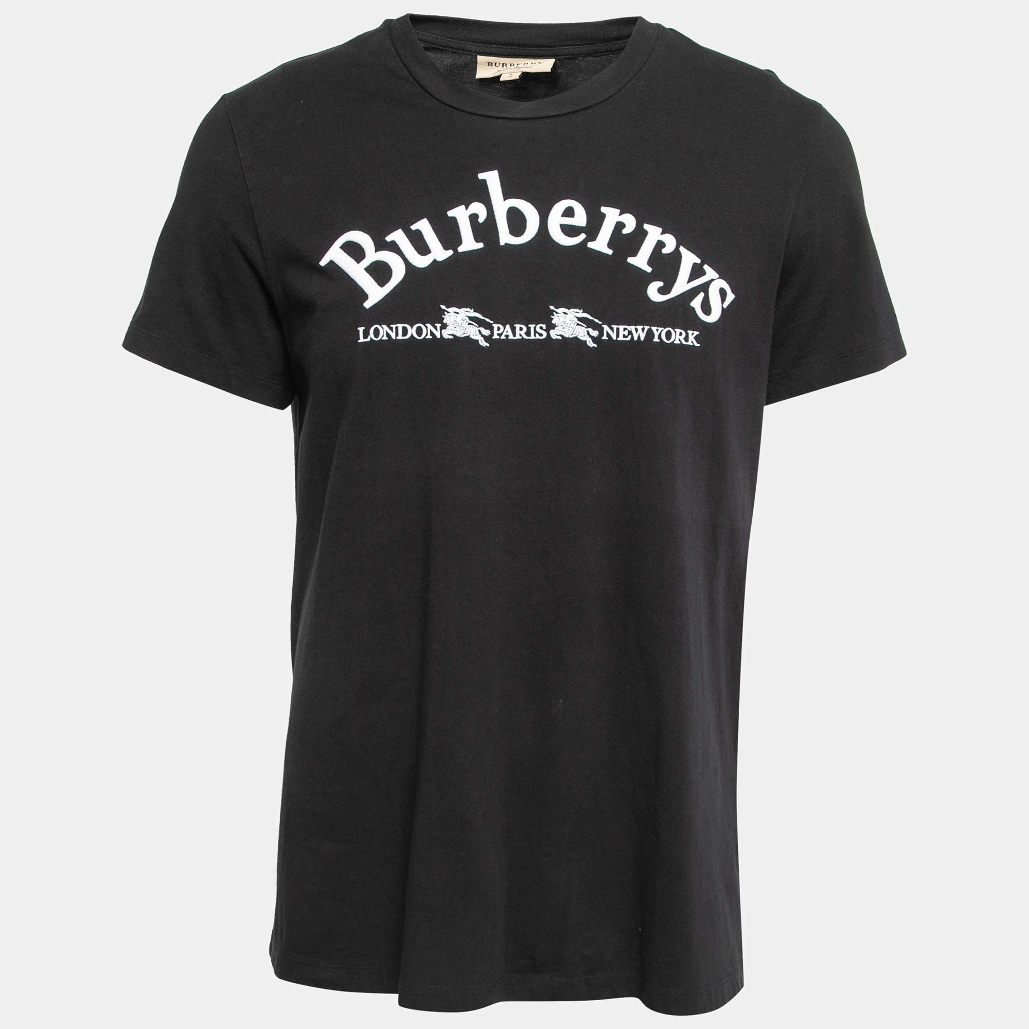 Burberry London Black Logo Embroidered Cotton Half Sleeve T-Shirt L