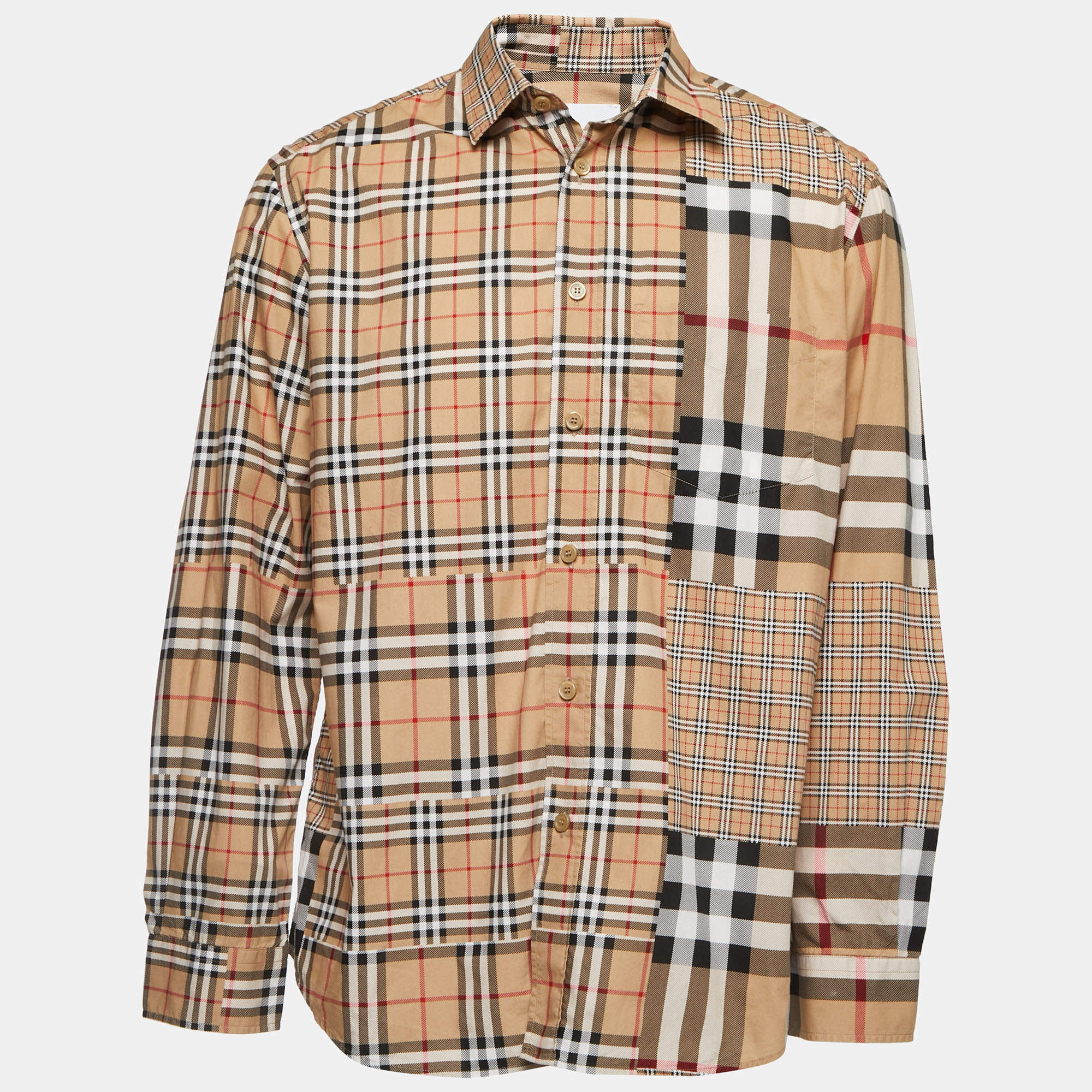 Pre Owned Burberry London Beige Checked Cotton Button Front Full Sleeve Shirt XL