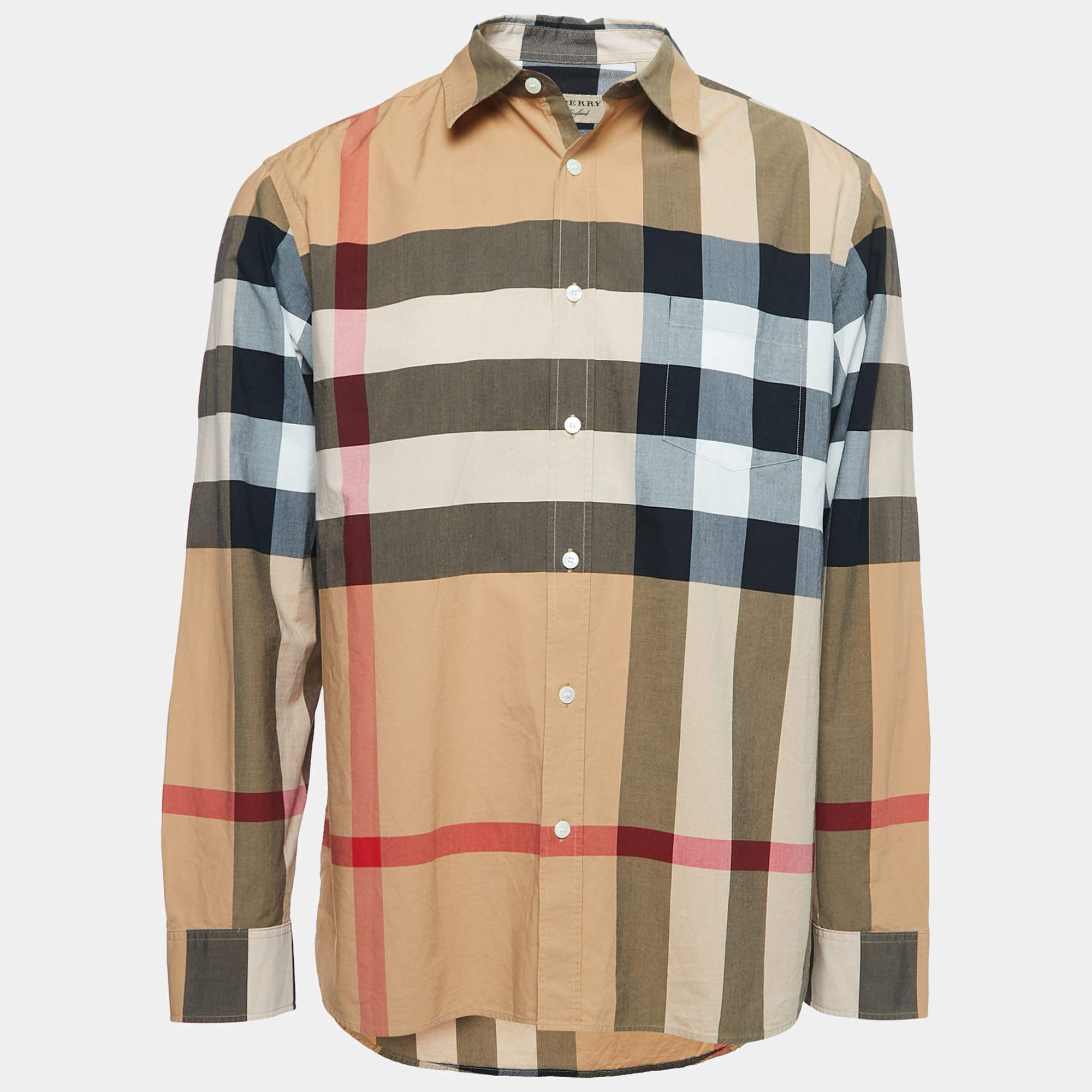 Burberry London Beige Plaid Cotton Button Front Full Sleeve Shirt XL