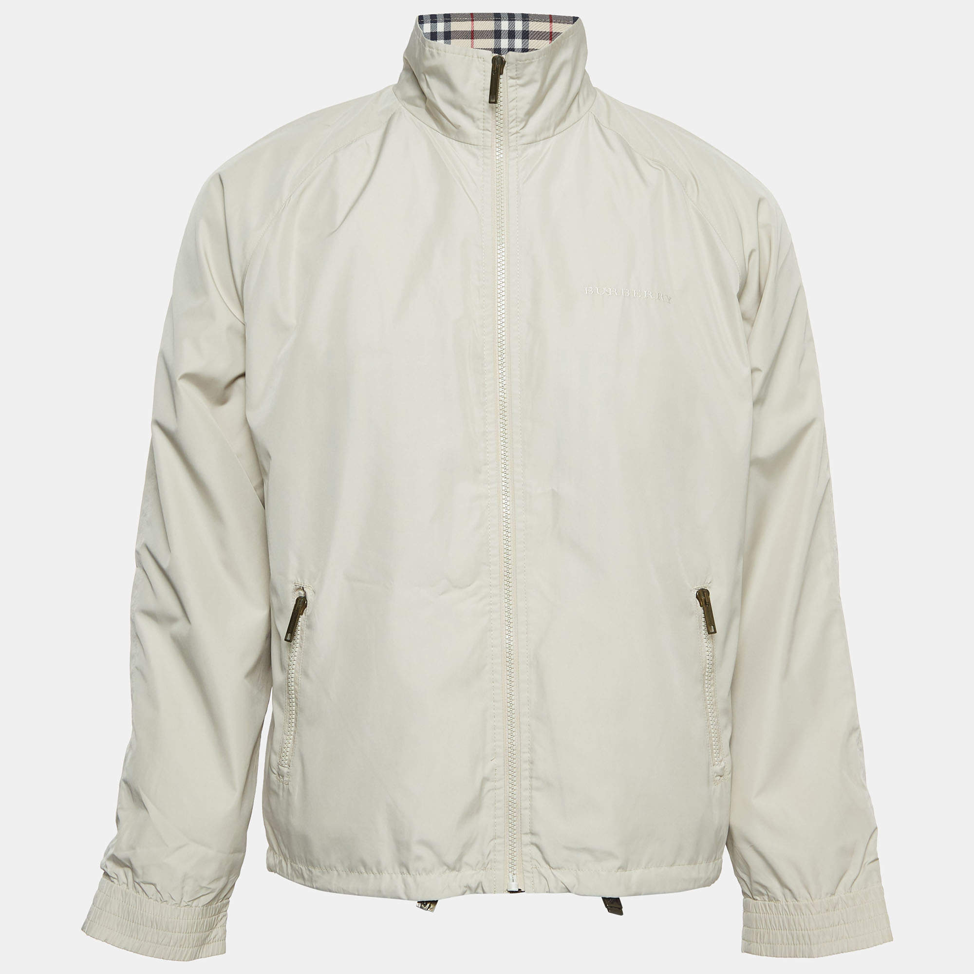 Burberry London Beige Logo Embroidered Synthetic Zip Front Jacket S