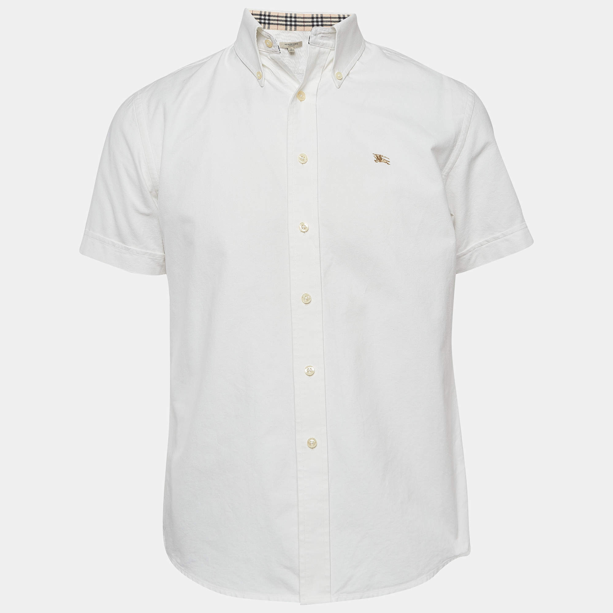 Burberry London White Logo Embroidered Cotton Short Sleeve Shirt M