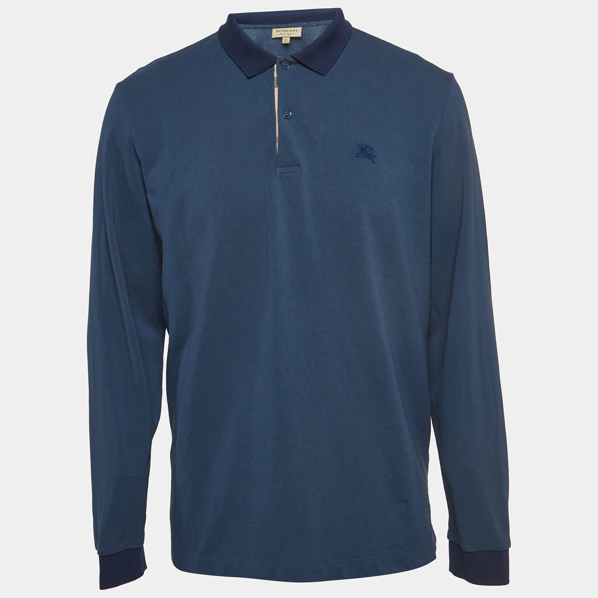 Burberry London Blue Logo Embroidered Cotton Knit Long Sleeve Polo T-Shirt XXL