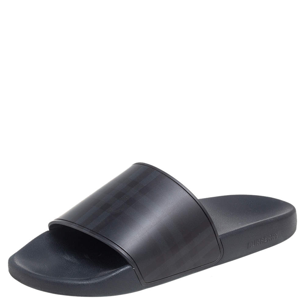 Burberry Black Rubber Furley Slide Flat Sandals Size 43