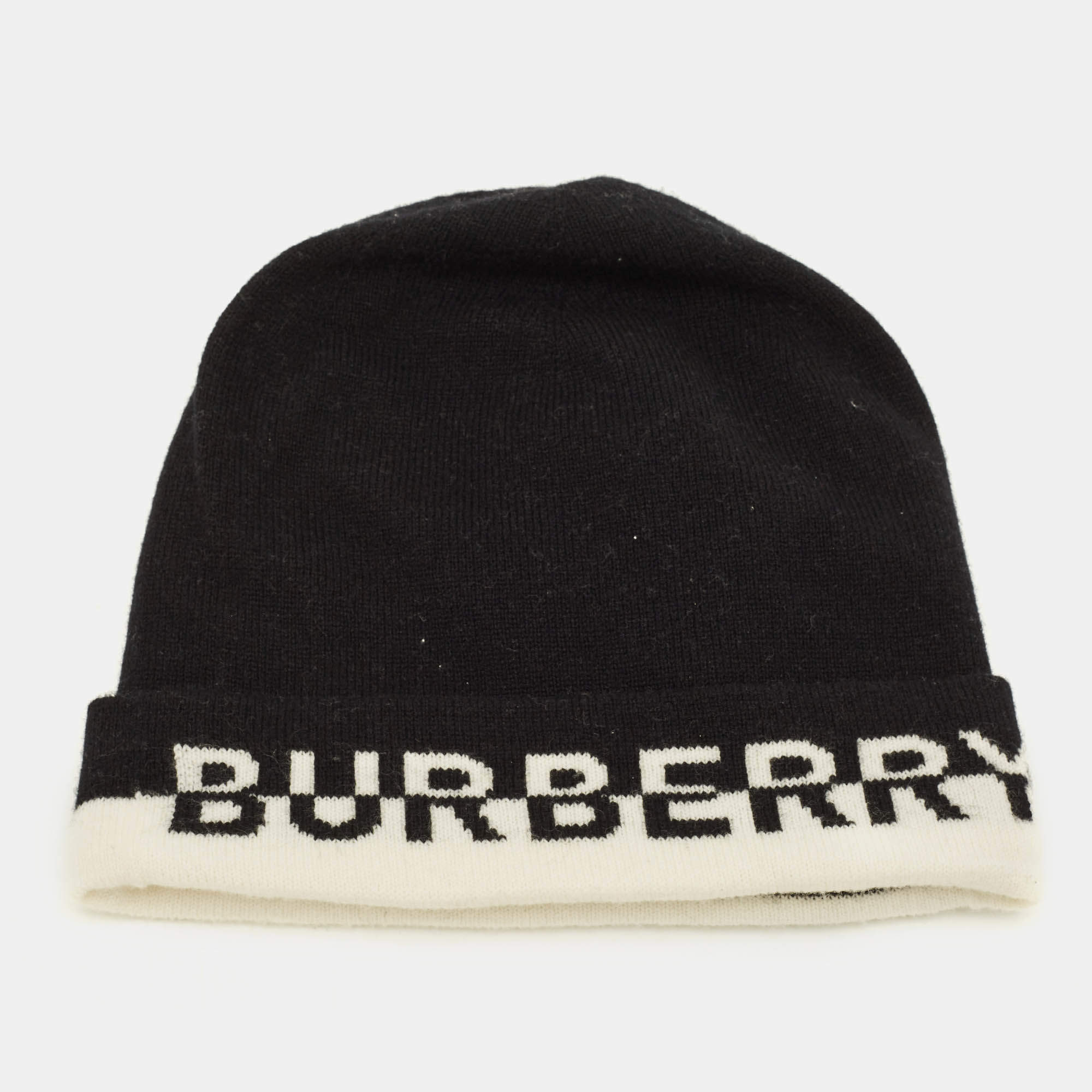 Pre Owned Burberry Black Logo Intarsia Cashmere Beanie