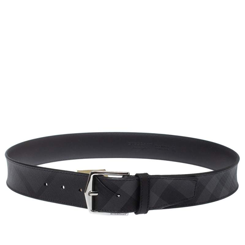 Pre Owned Burberry Grey Smoked Check Coated Canvas Joe Buckle Belt 85CM
