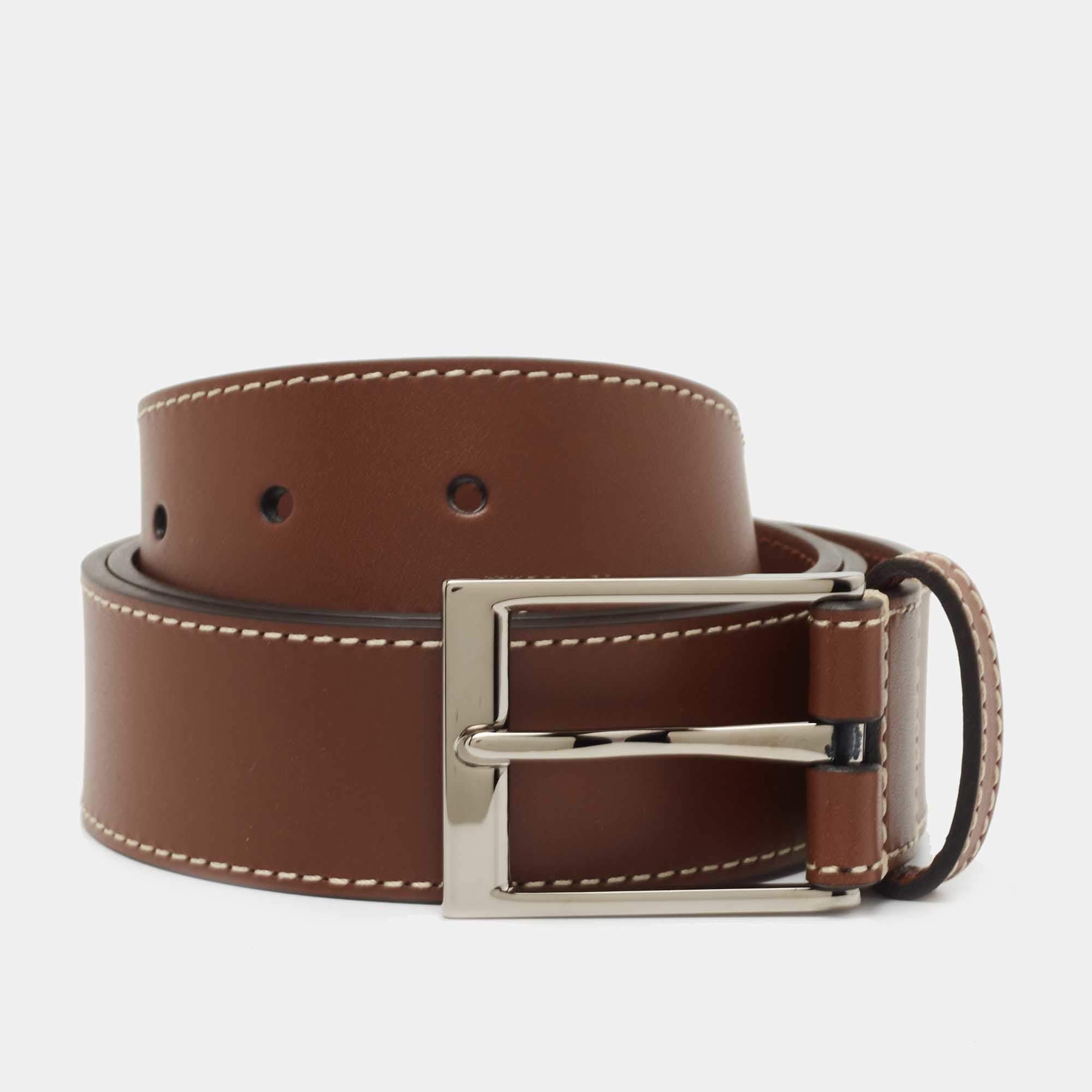 Pre Owned Burberry Tan Leather Louis Buckle Belt 90CM
